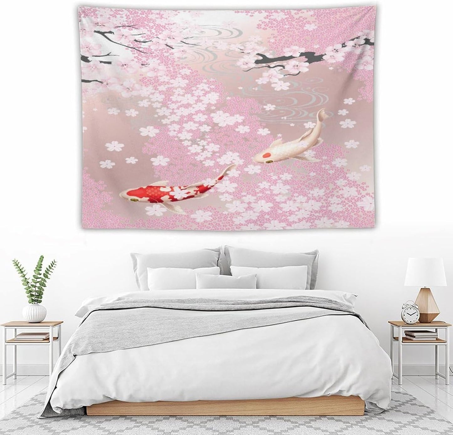 Houselerax Japanese Koi Fish Tapestry, Cherry Blossoms Asian Oriental Pink Flower Branch Koi Fish Carp Tapestries Wall Hanging for Bedroom Living Room Office Decor 80"x60"