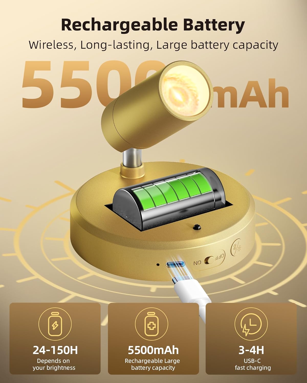 EZVALO LED Spotlight Indoor, 5500mAh Rechargeable Battery Picture Lights, Wireless Mini Art Accent Spot Lights with Remote, Uplighting Indoor for Plants Display Painting Artwork Portrait (1Pack-Gold)