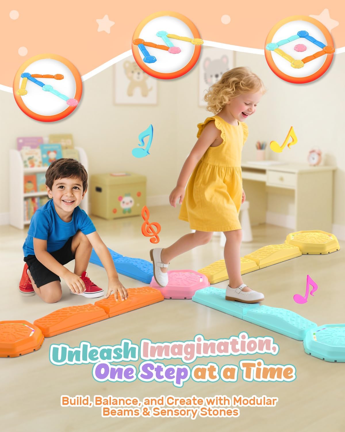Holyton Music Light Up Balance Beam and Toddler Stepping Stones 13 Pieces, Non-Slip Plastic Balance Stackable Stepping Stones for Kids, Sensory Toys for Toddlers, Indoor or Outdoor Play, Easy Storage
