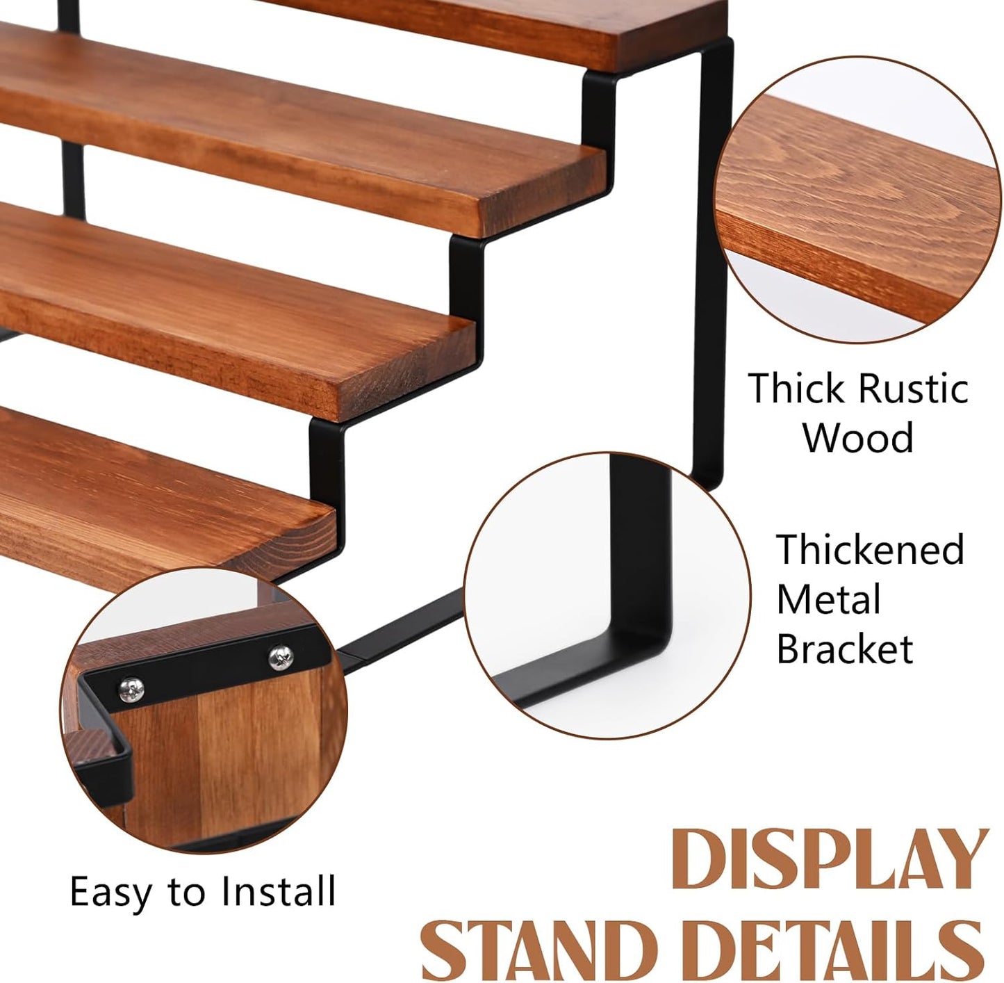 4 Tier Wooden Display Riser Stand Perfume Organizer with Metal Stand, Dessert Table Display Set, Food Display Stands for Party, Brown Rustic Solid Wood Shelf for Cupcakes, Perfume, Cologne, Spiece