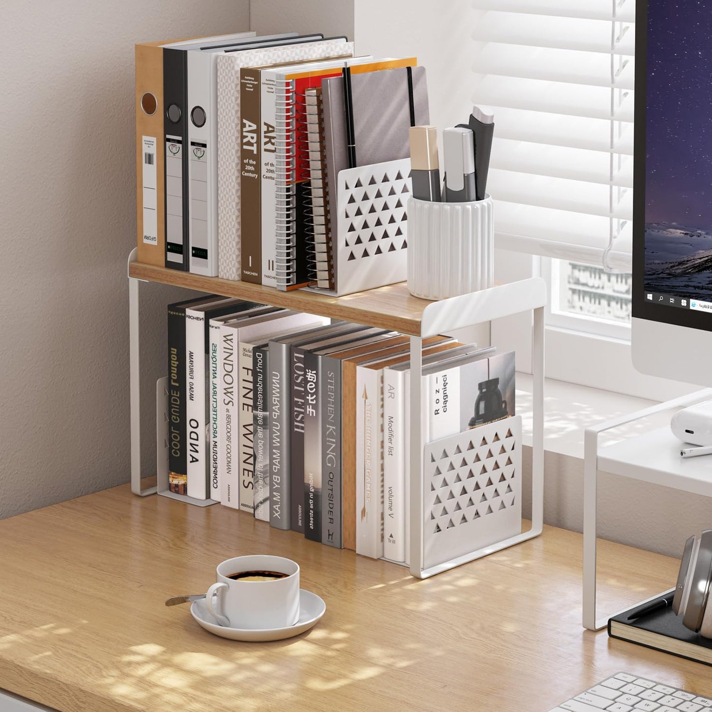 Mitus Shelf Organizer and Storage, Tiered Wood Cabinet Rack for The Kitchen Counter, Bathroom Counter, Pantry Cupboard, Office Desk Bookshelf, 12" Wide Natural and White (Large)