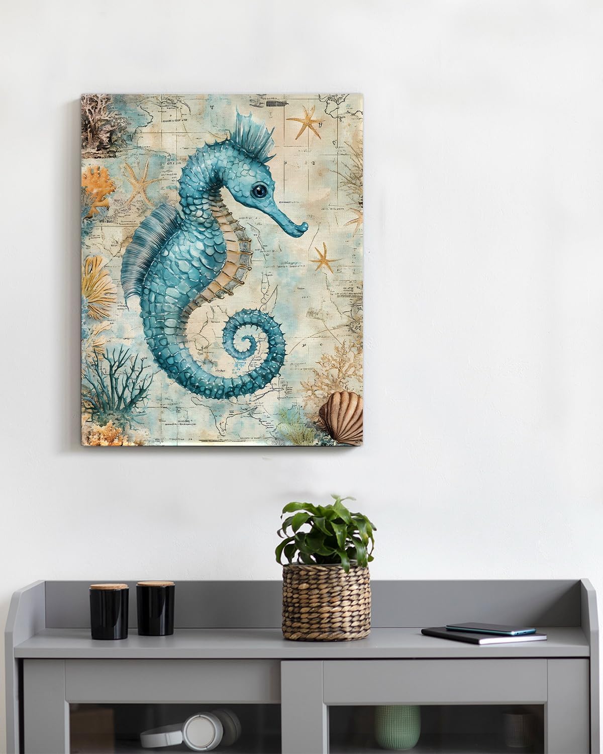 Nautical Seahorse Canvas Wall Art Sea Horse Ocean Theme Print Poster Coastal Framed Picture Painting for Home Beach House Bedroom Wall Decor 8x10 Inch