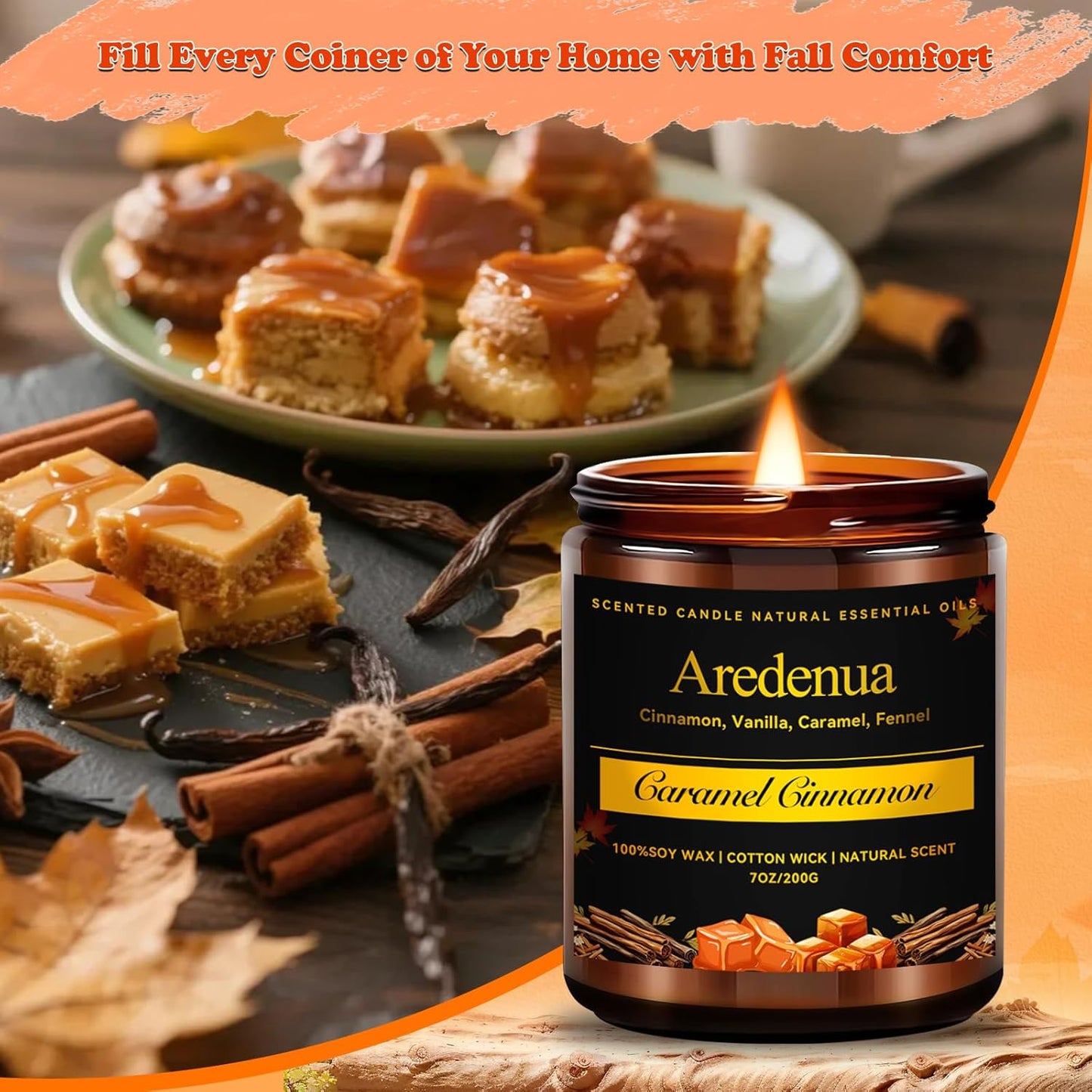 Caramel Cinnamon Candle - Fall Candle | Cinnamon Scented Candles for Autumn, 7oz Fall Soy Candles for Home Scented, 50 Hours Burn Time, Cozy Season/Halloween/Thanksgiving/Autumn Gifts for Women Men