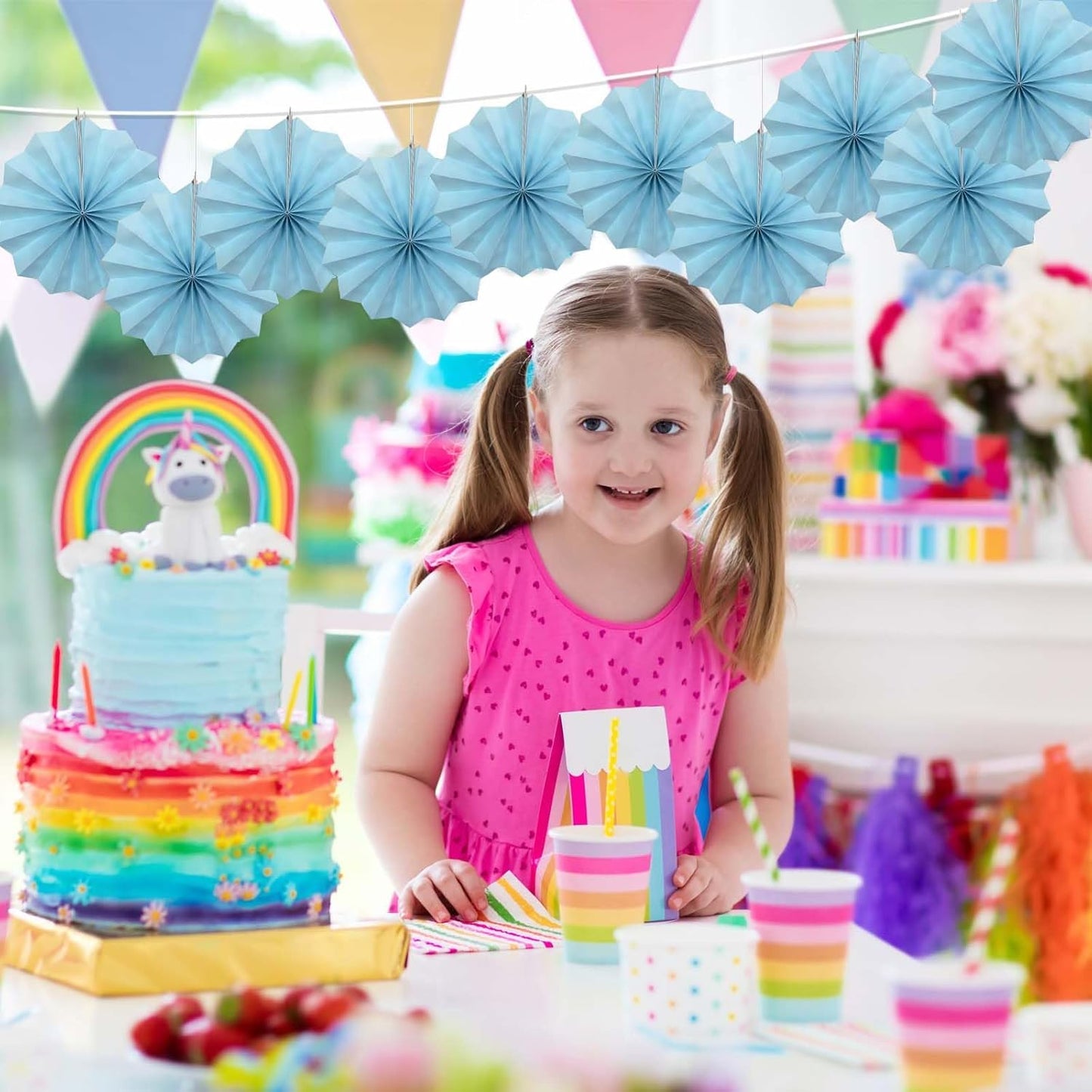 Blue Graduation Party Decor,Baby Blue Party Decorations,Christmas Baby Shower Decorations,Under The Sea Decorations,Blue Bachelorette Party 8in Hanging Paper Fans 30 Color DIY Set (Light Blue)