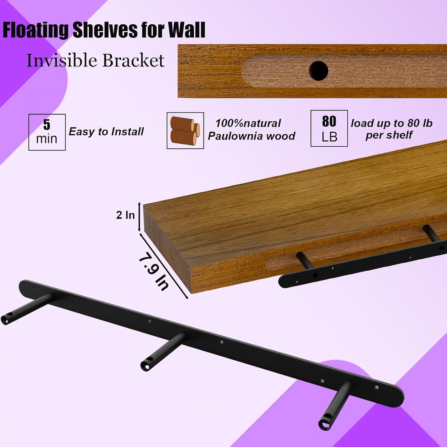 IAE Walnut Floating Wall Shelves 72 inch, Bathroom Shelves Wall Mounted,Invisible Shelves Floating Kitchen Shelves,Wooden Wall Shelves with Brackets for Living Room Wall Mounted,Easy Install,Set of 2