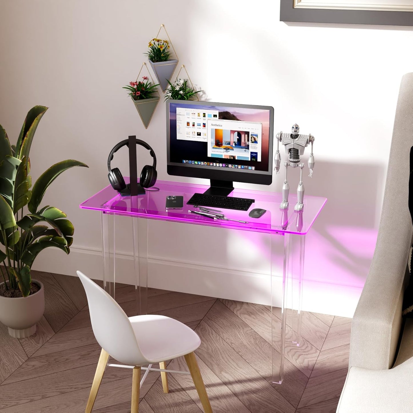 Acrylic Desk, Modern Study Table for HomeOffice-Extended Surface Multi-Purpose Console & EntrywayTable, Sturdy Lightweight Design（(42.5-inch, Pink)