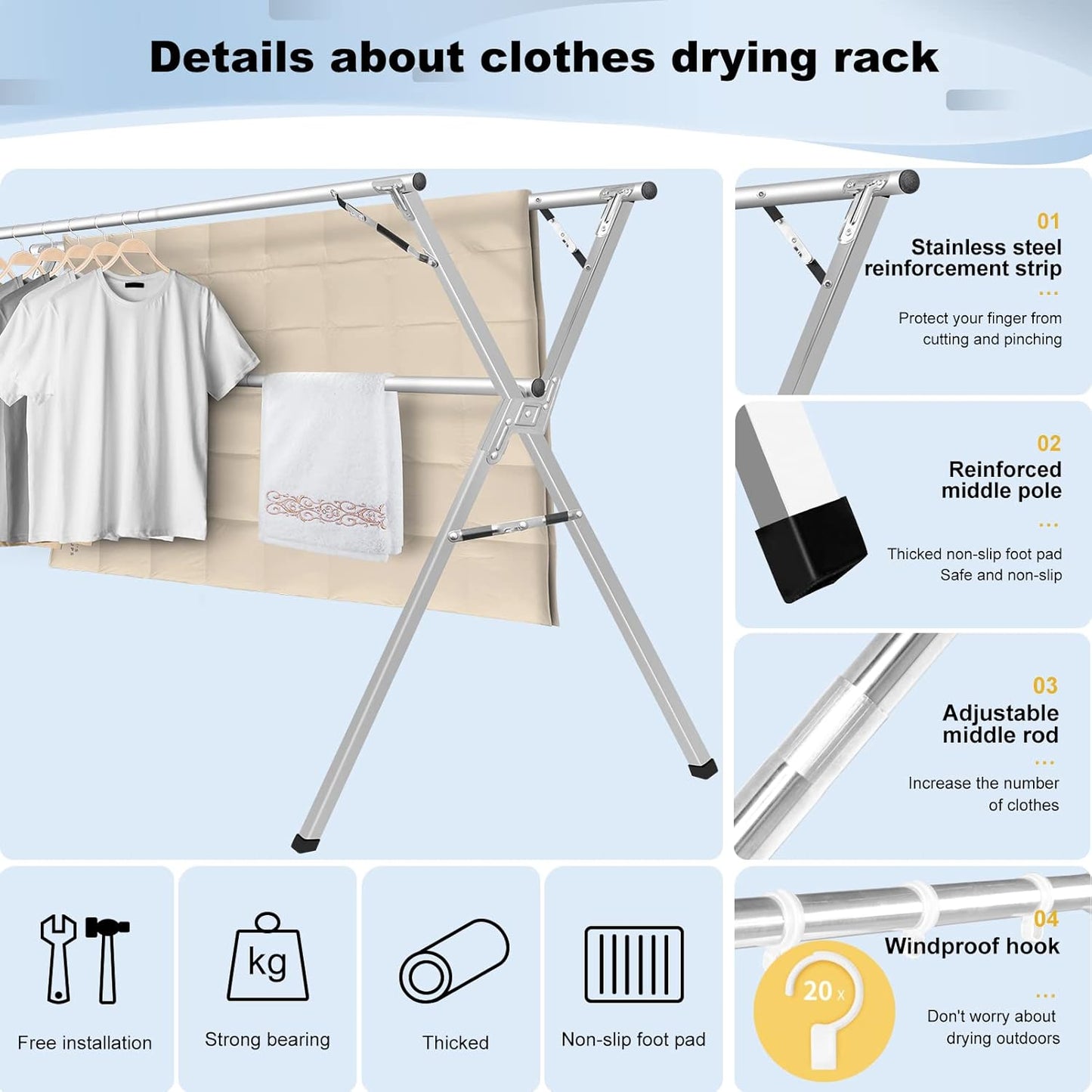 Sillars Clothes Drying Rack, 63 inches Laundry Drying Rack Clothing Foldable & Collapsible Stainless Steel Heavy Duty Clothing Drying Rack with Windproof Hooks for Indoor Outdoor