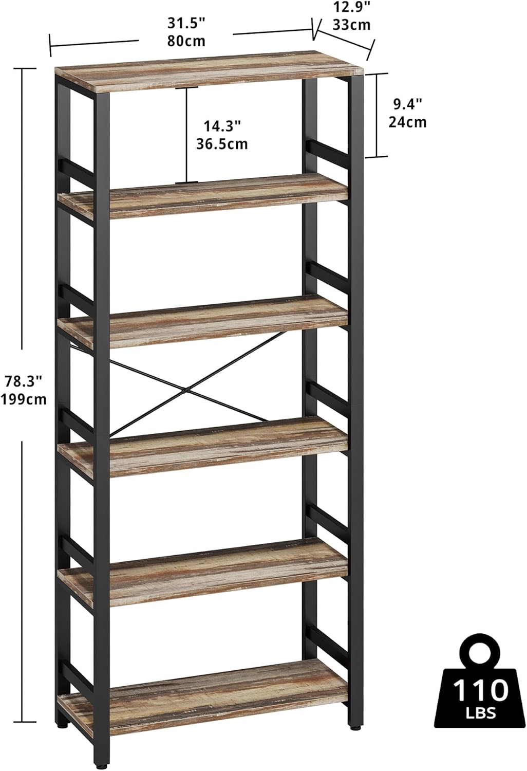 IRONCK Bookshelf, 31.5in Wide Shelf 6 Tier Bookcase, 110lbs/shelf Vintage Industrial Style Bookshelves for Bedroom, Living Room and Home Office, Industrial Brown