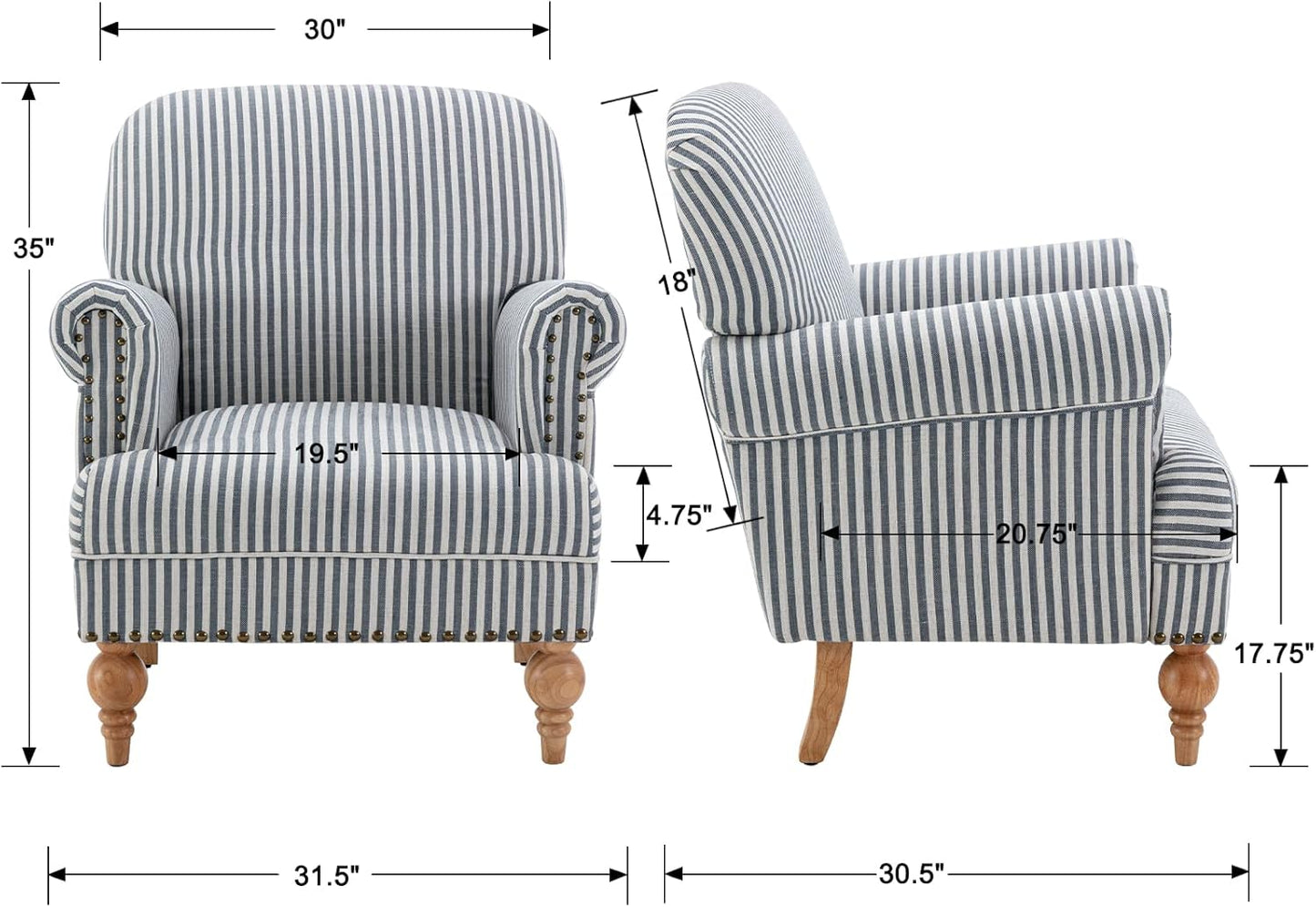 chairus Linen Accent Chair for Living Room Set of 2 Upholstered Mid Century Modern Single Sofa Chair with Solid Wood Legs Comfy Reading Armchair for Bedroom/Office Room/Recption/Lounge, Blue Stripe