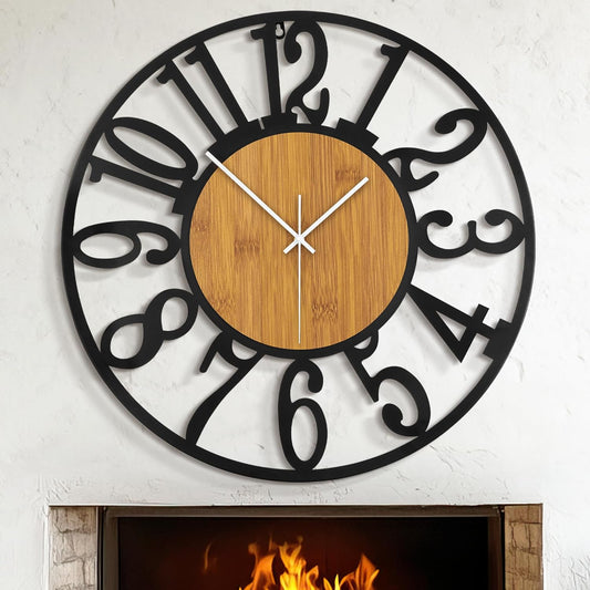 LEIKE 30" Oversized Large Wall Clocks,Silent,Non Ticking,Battery Operated Modern Round Big Wood Decorative Metal Wall Clock for Living Room, Bedroom,Kitchen,Farmhouse,Office Decor - Black,30 Inch