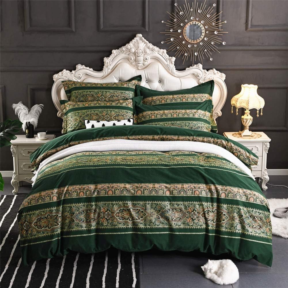 ABREEZE Bohemian Vintage Full Size Floral Cotton Bedding Set 3Pcs Duvet Cover Set Boho Green Paisley 100% Egyptian Brushed Cotton Reversible Home Bedding Collection