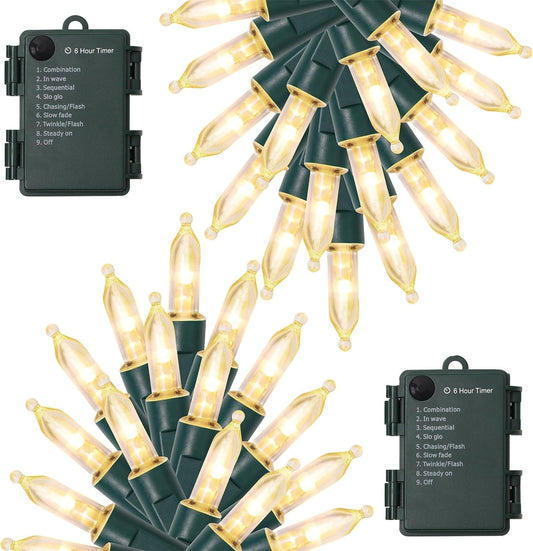 WATERGLIDE 2 Pack 50 LED Outdoor Christmas Lights, 16FT Battery Operated Mini String Lights with 8 Modes & Timer, Xmas Tree Lights Waterproof for Patio Garden Party Wedding Holiday Decor, Warm White