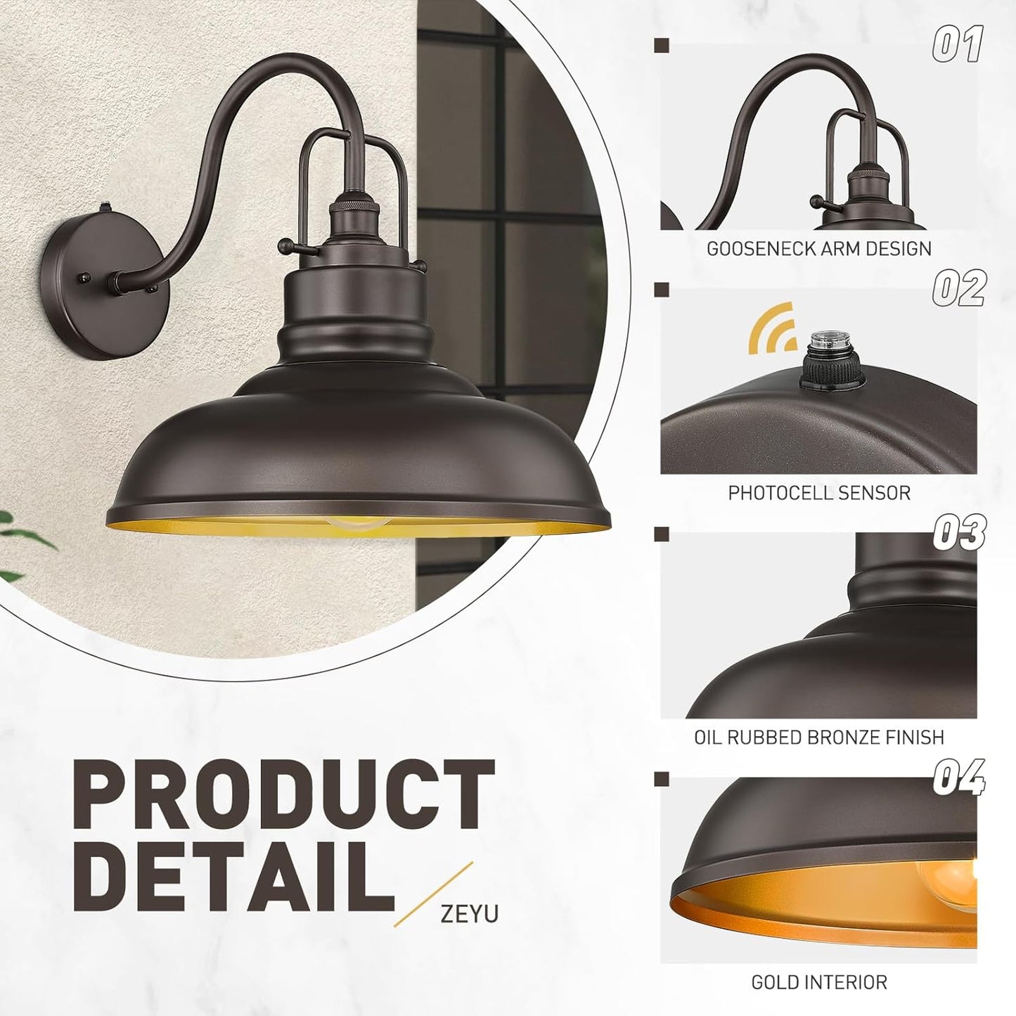 zeyu 2 Pack Outdoor Barn Light Fixtures, Farmhouse Gooseneck Wall Lights for Front Porch, 18" Dusk to Dawn Sensor Wall Sconces in Oil Rubbed Bronze Finish, 016-1BL-PC-2 ORB