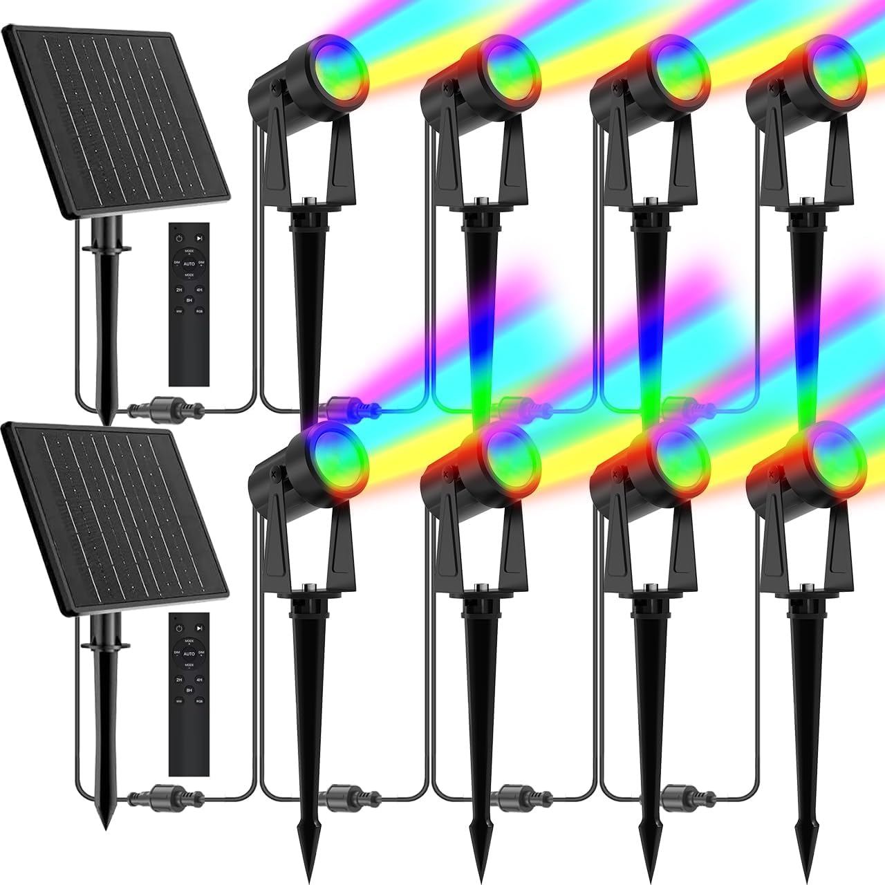 ZYAN Solar Powered Landscape Spotlights Outdoor Waterproof IP65, RGBW Colored Spotlights for Garden Yard, Auto On/Off Remoto Control Spot Lights for Plant, Tree, Patio, Path, Lawn, Wall (8 Pack)