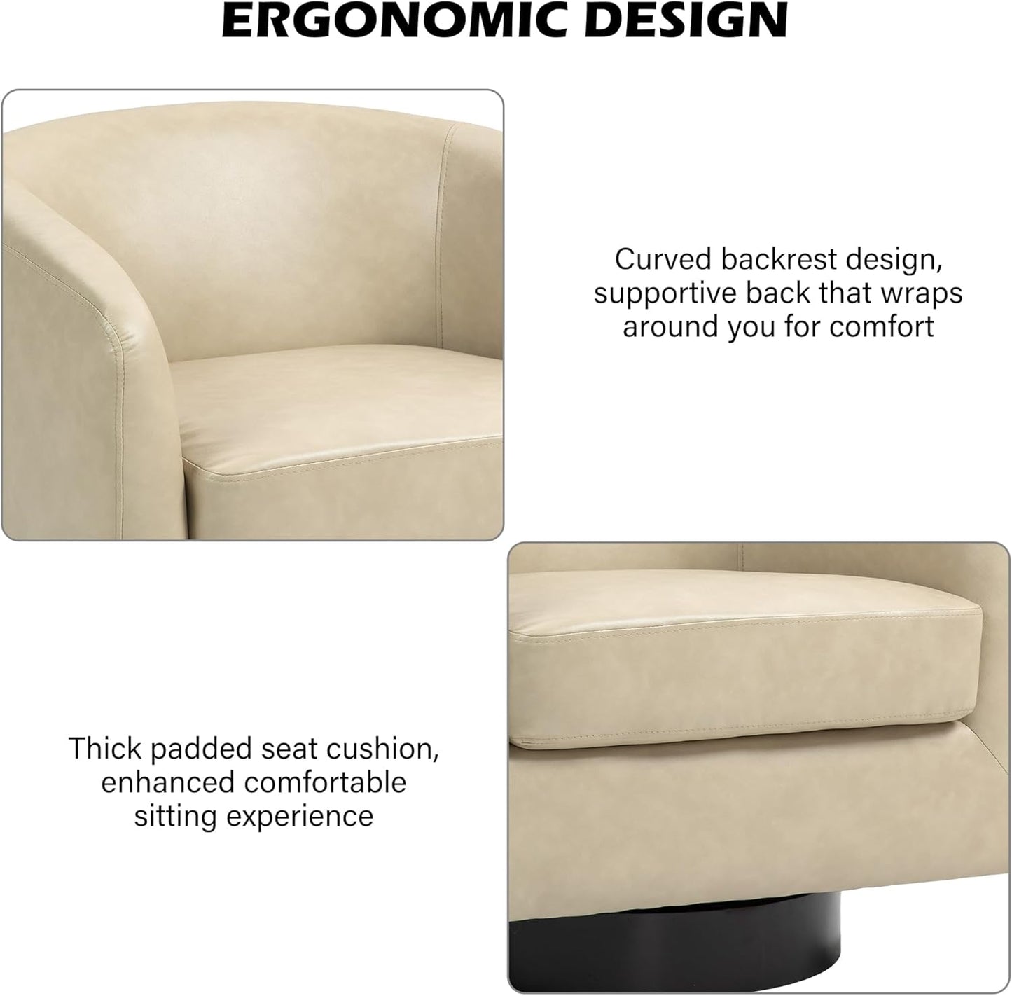 Swivel Barrel Accent Chair, Modern Round Faux Leather Arm Chair for Living Room, Bedroom, Comfy Club Reading Chairs for Adults(Faux Leather, Cream, Set of 2)