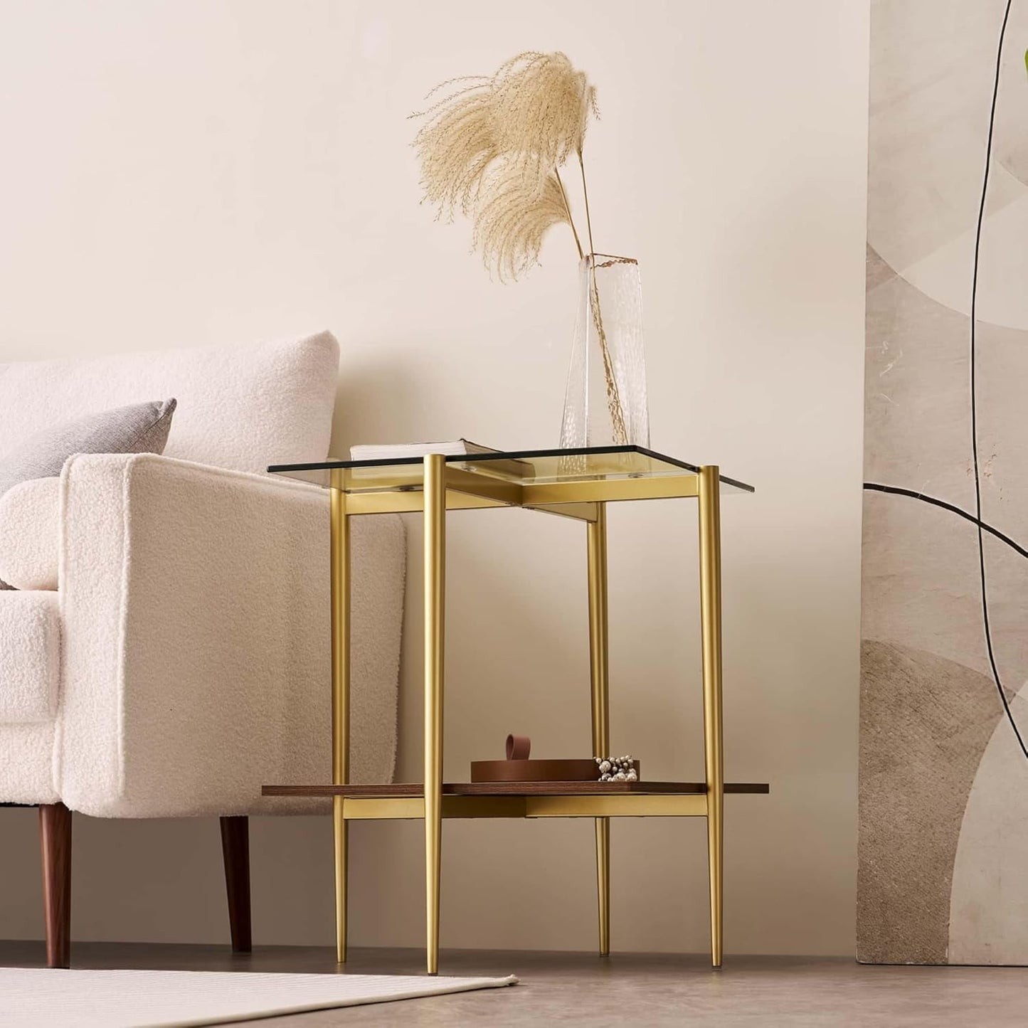 Glass End Table, Mid-Century Modern Design Sofa Table, for Living Room, 2-Tier Structure, Clear Glass Top and Walnut MDF Shelf, Sleek Conical Metal Legs with Gold Finish Frame