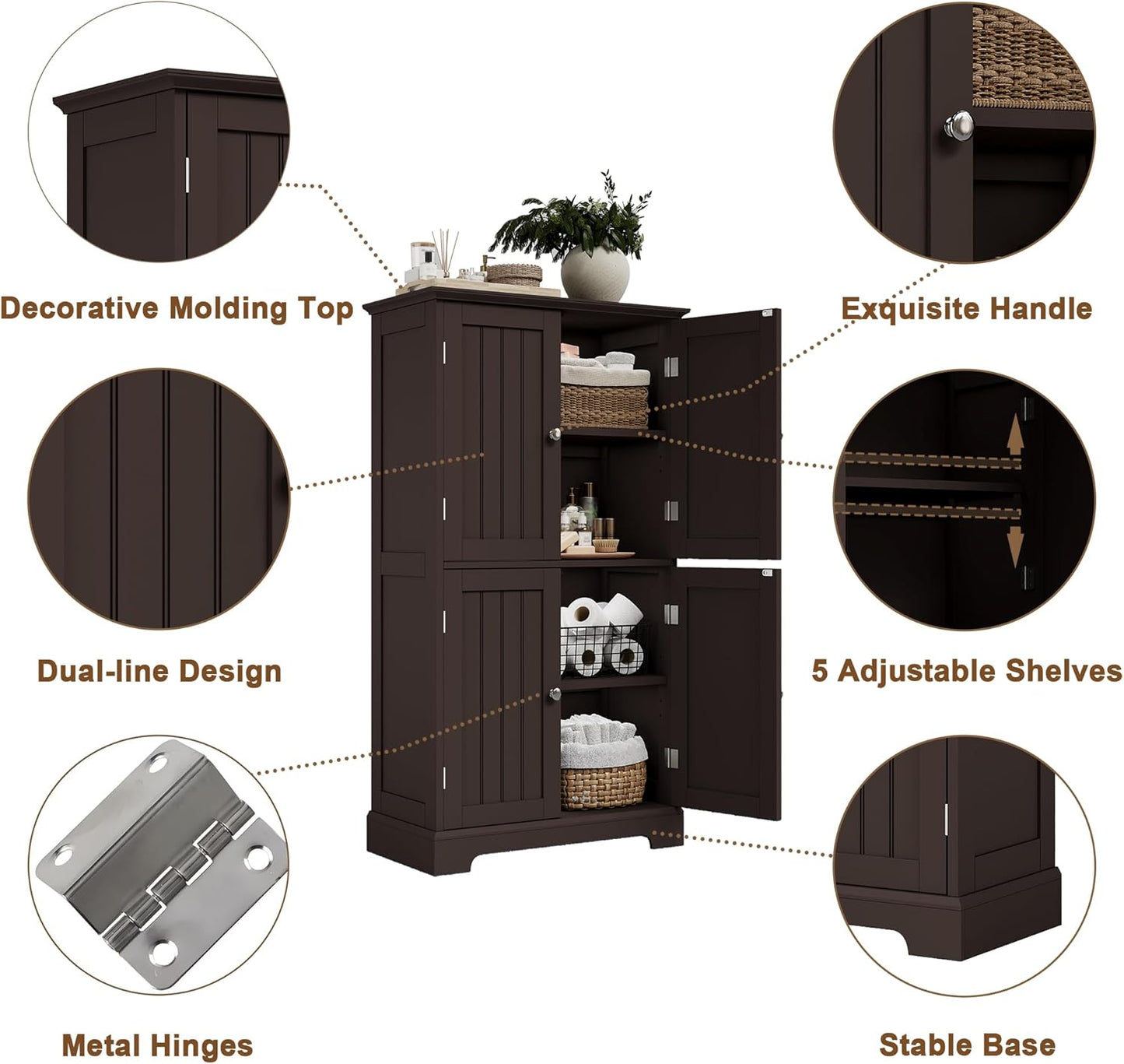 ChooChoo Bathroom Floor Cabinet, Modern Bathroom Storage Cabinet with 4 Doors and Adjustable Shelves, Freestanding Cupboard for Living Room, Espresso