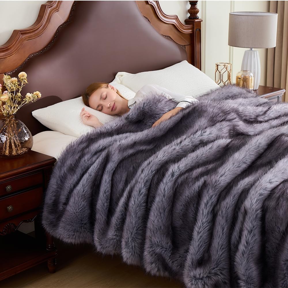 Fluffy Faux Fur Throw Blanket – Super Soft Warm Thick Plush Blanket for Bed, Couch & Office, Cozy Fuzzy Throw with Flannel Backing,90"x90", Grey