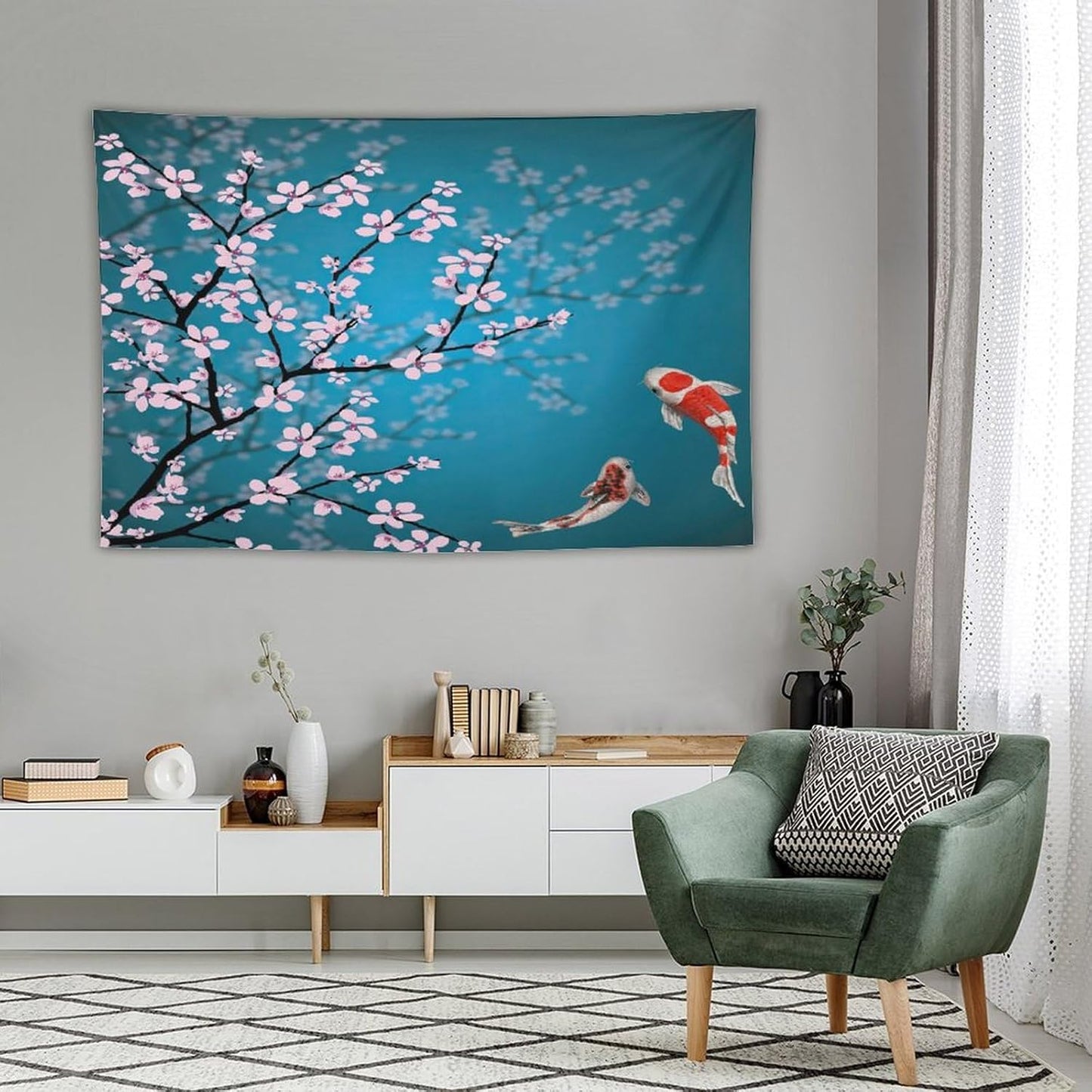 Houselerax Japanese Koi Fish Tapestry, Cherry Blossoms Asian Oriental Green Teal Flower Branch Koi Fish Carp Tapestries Wall Hanging for Bedroom Living Room Office Decor 90"x60"