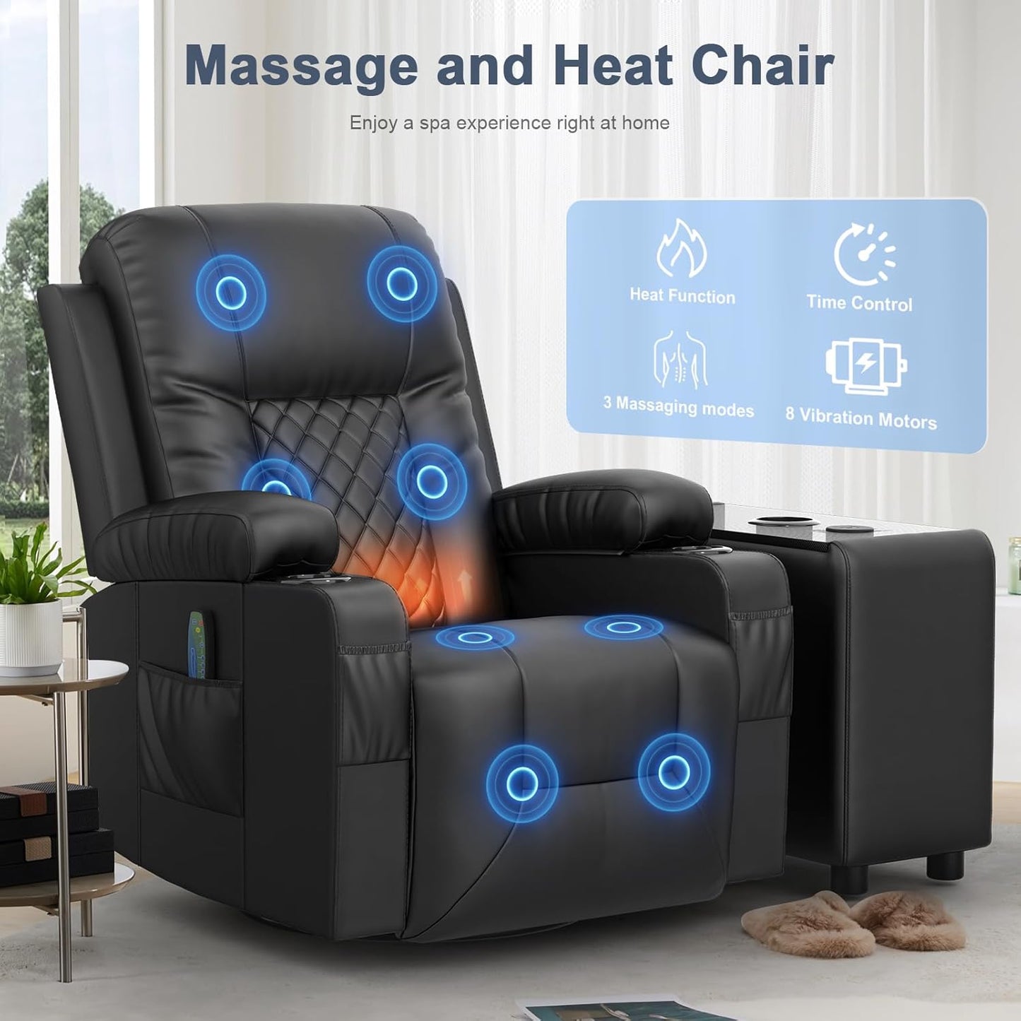 Recliner Chairs with Recliner Side Table End Table for Adults, Massage Rocker, USB Ports, 360 Degree Swivel Single Sofa Seat Living Room