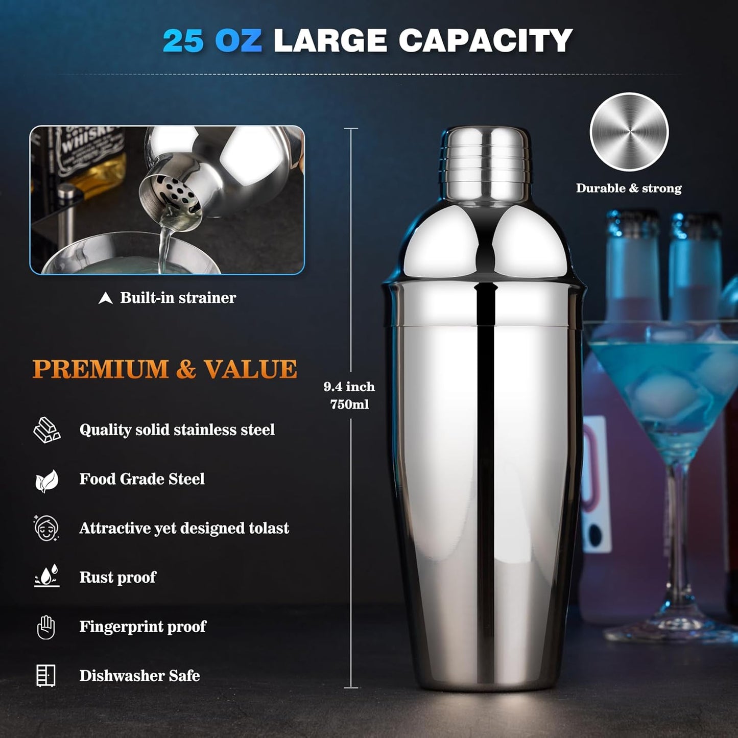 Cocktail Shaker Set Bartender Kit : 15-Piece Stainless Steel Bartender Kit with Acrylic Stand Bars Set with All Practical Bars Accessories, Bar Tools for Drink Mixing, Bar, Home, Lounge & Party