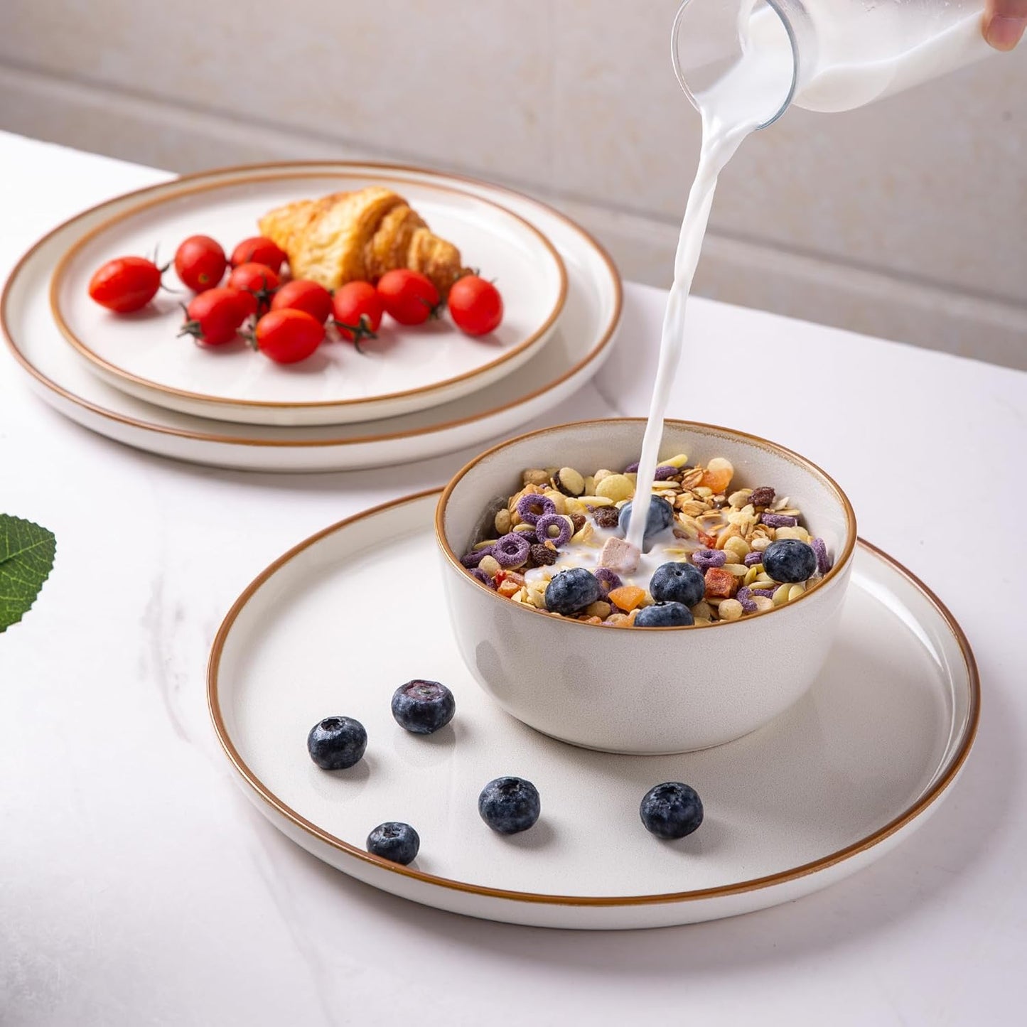 GBHOME Ceramic Dinnerware Sets for 8, 24 Pieces Stoneware Plates and Bowls Sets, Scratch Resistant Dishes, Dishwasher & Microwave Safe, Reactive Glaze-Pearl White