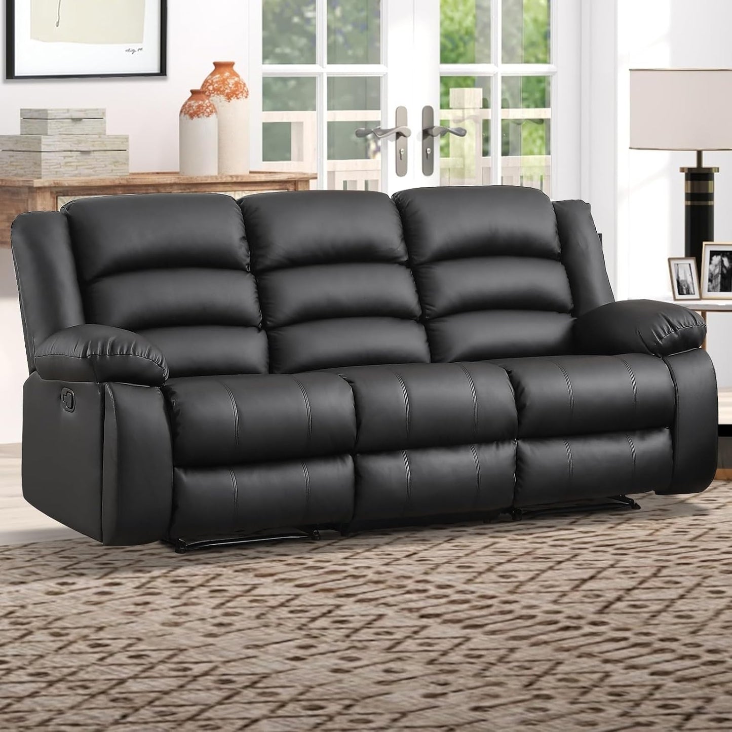 EBELLO Faux Leather Manual Reclining Sofa with 2 Concealed Cup Holders, Overstuffed Armrest 3 Seat Recliner Couch for Living Room, Bedroom, Meeting Room, Black