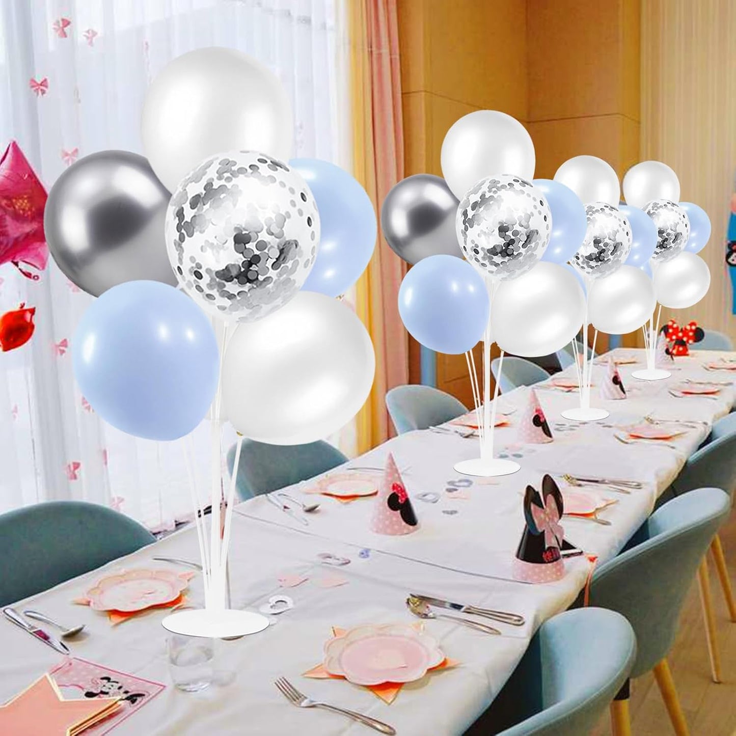Baby Blue and Silver Balloon Stand Centerpiece Table Decorations for Baby Shower Wedding Engagement Bridal Shower Anniversary Birthday Party Decorations(Baby blue silver set4)