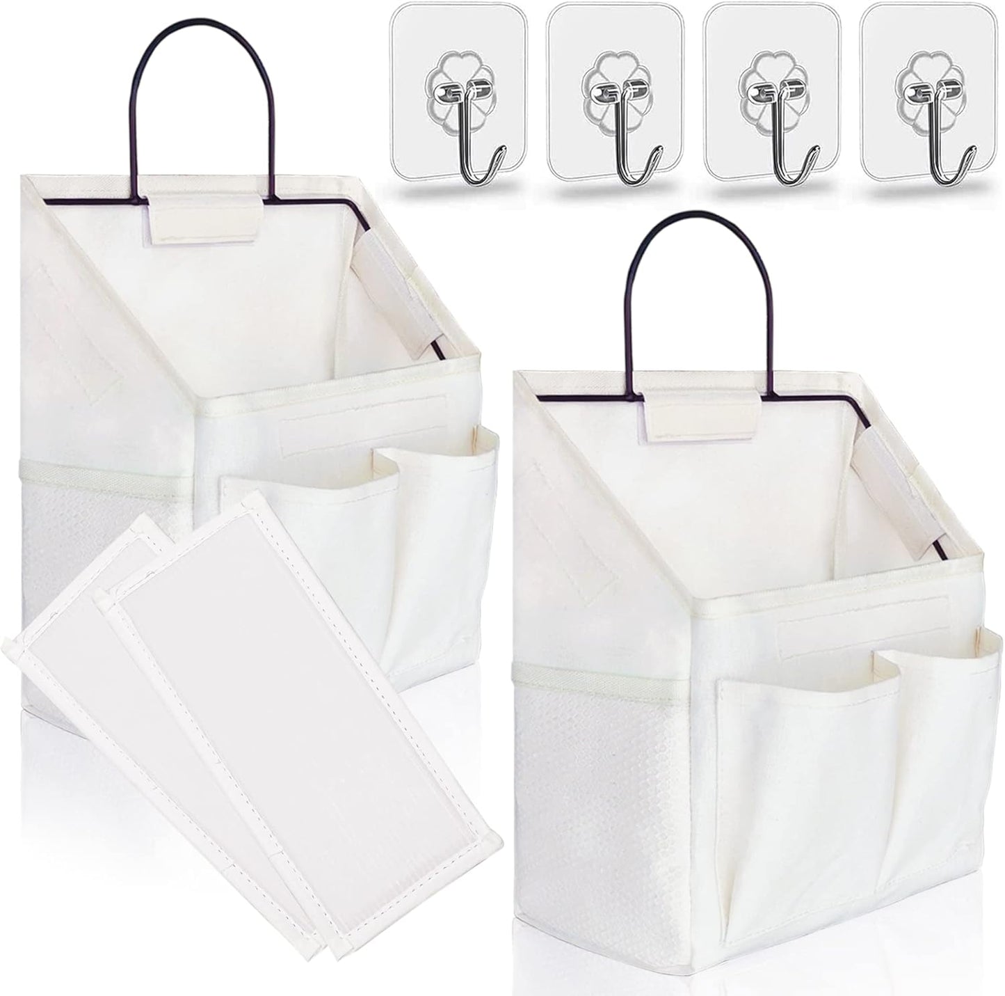 2pcs Small Wall Hanging Organizer Bag, Linen Fabric Door Hanging Storage Basket with Pockets, Waterproof Bin for Kitchen, Bedroom, Office, RV Camper (White)