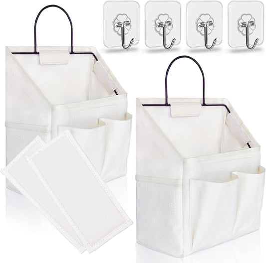 2pcs Small Wall Hanging Organizer Bag, Linen Fabric Door Hanging Storage Basket with Pockets, Waterproof Bin for Kitchen, Bedroom, Office, RV Camper (White)