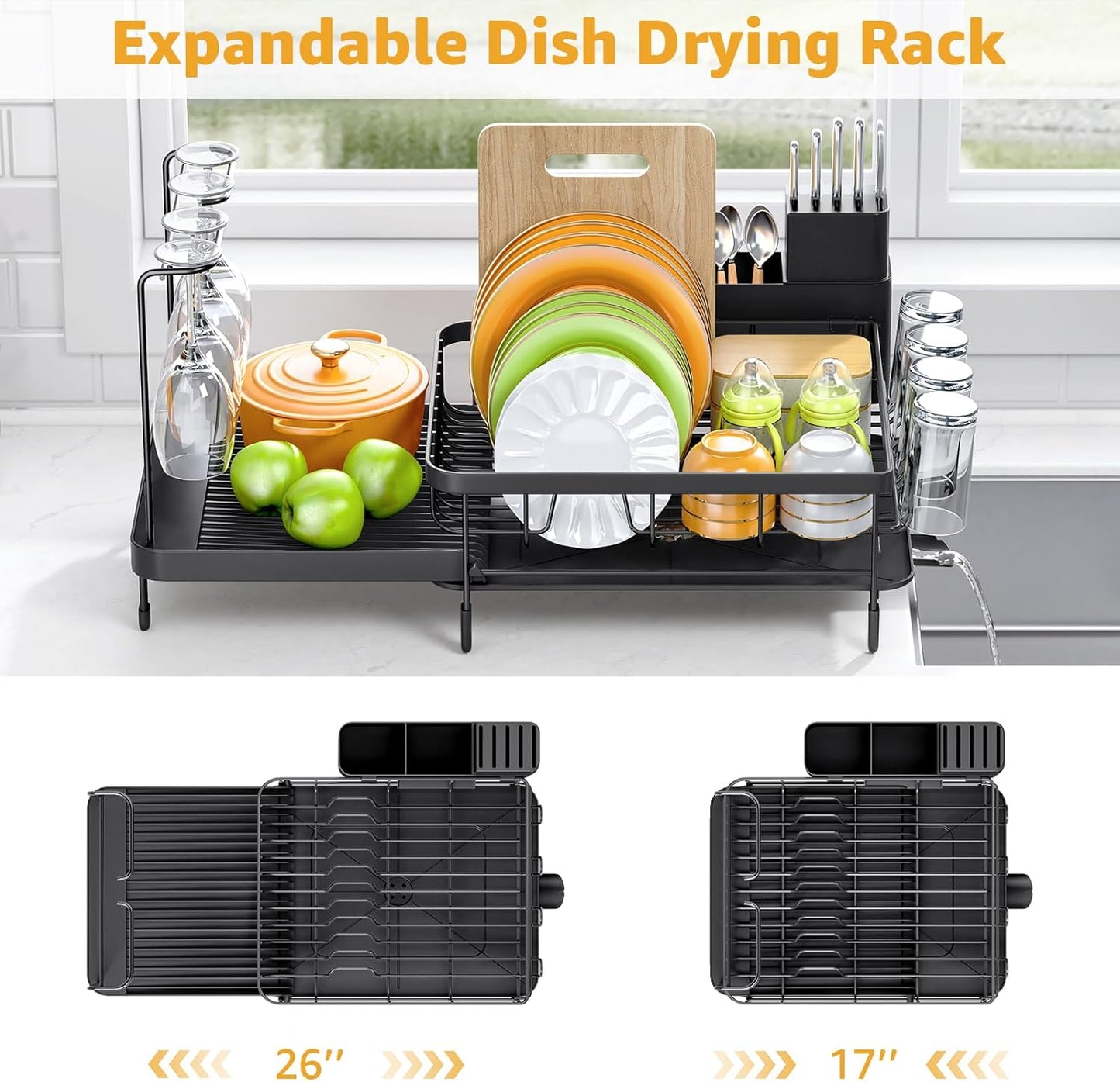 Dish Drying Rack for Kitchen Counter, Expandable Large Capacity Dish Rack with Drainboard, Wine Glasses Holder, Space Saving Organizer, Black