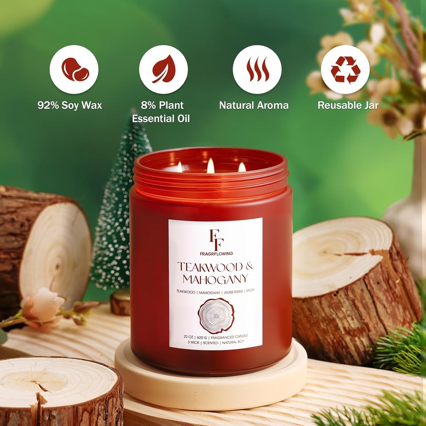 Teakwood & Mahogany Large Scented Candle, 3-Wick 22oz Long Lasting Scented Candle, Natural Soy Wax Aromatherapy Candle for Home, Autumn Candle Gifts for Women Men