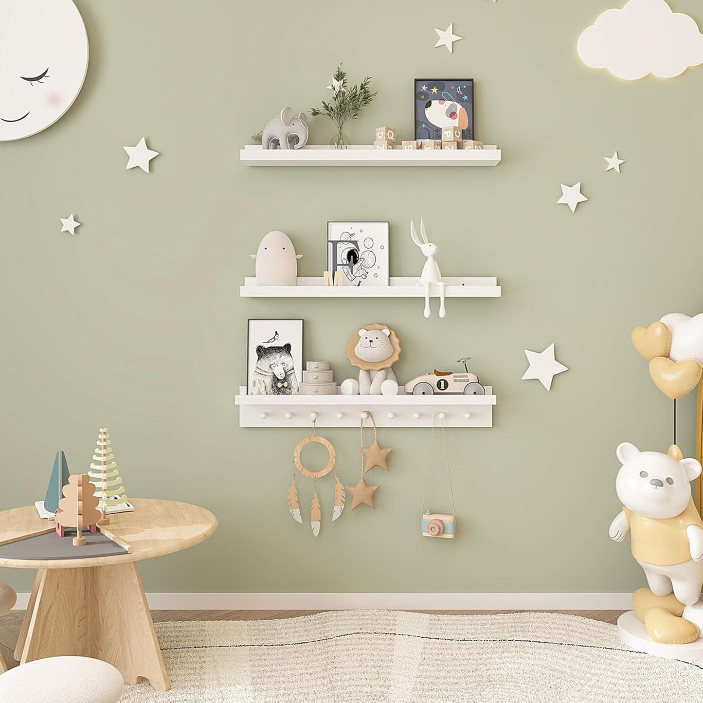 MBYD White Floating Shelves for Wall with Hooks, Nursery Book Shelves for Kids Room, 36 Inch Wall Mount Bookshelf for Living Room Bedroom Bathroom Kitchen, Hanging Picture Ledge Shelf Set of 3