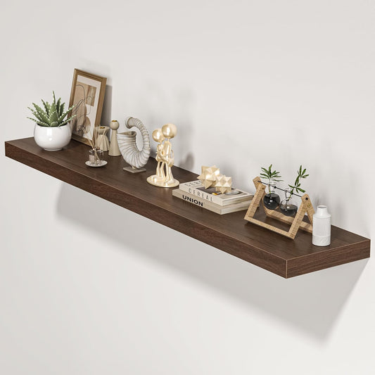 Floating Shelves for Wall, 55"W x 9.3"D x 1.5"H, Long Wooden Wall Mounted Display Shelves with Invisible Brackets for Living Room, Bedroom, Bathroom, Kitchen Decor and Storage, Set of 1, Walnut