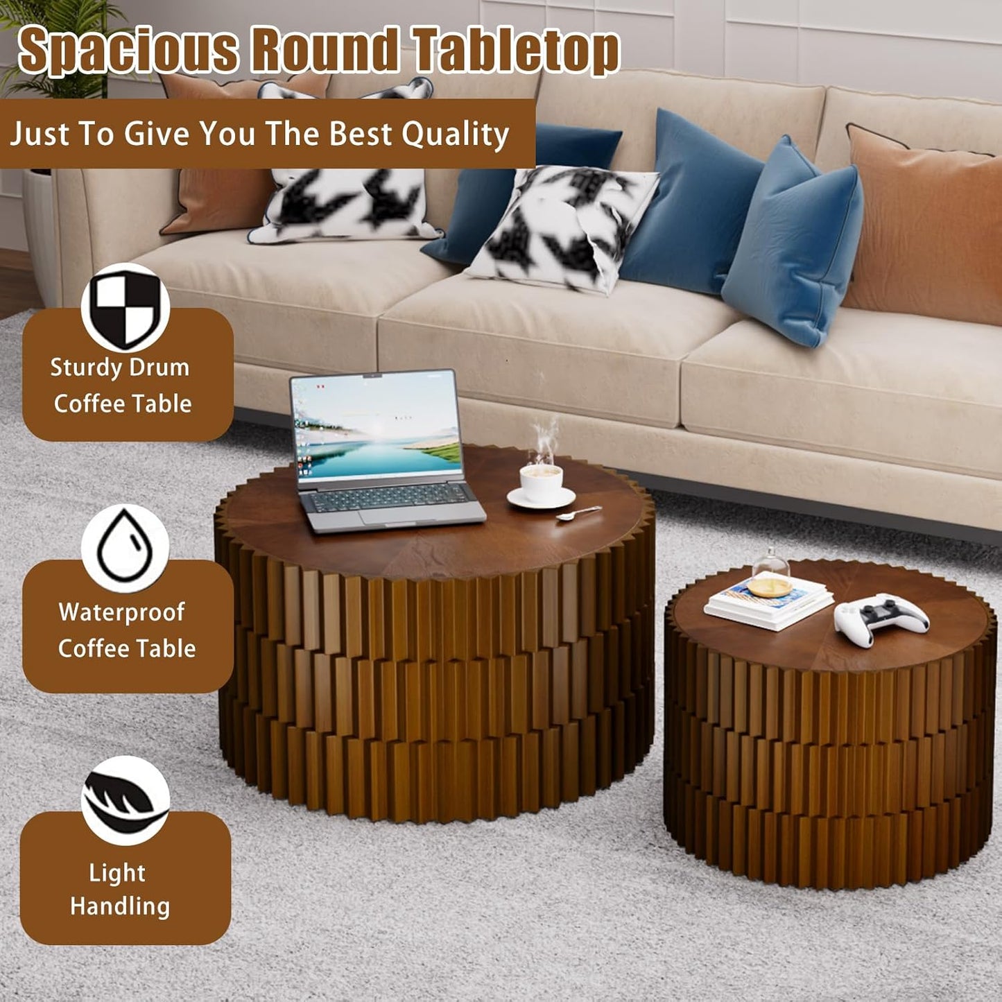 Round Coffee Table Set of 2, Nesting Coffee Table and End Table Set Small Circle Drum Side Table for Living Room Office, No Assembly (A Walnut)