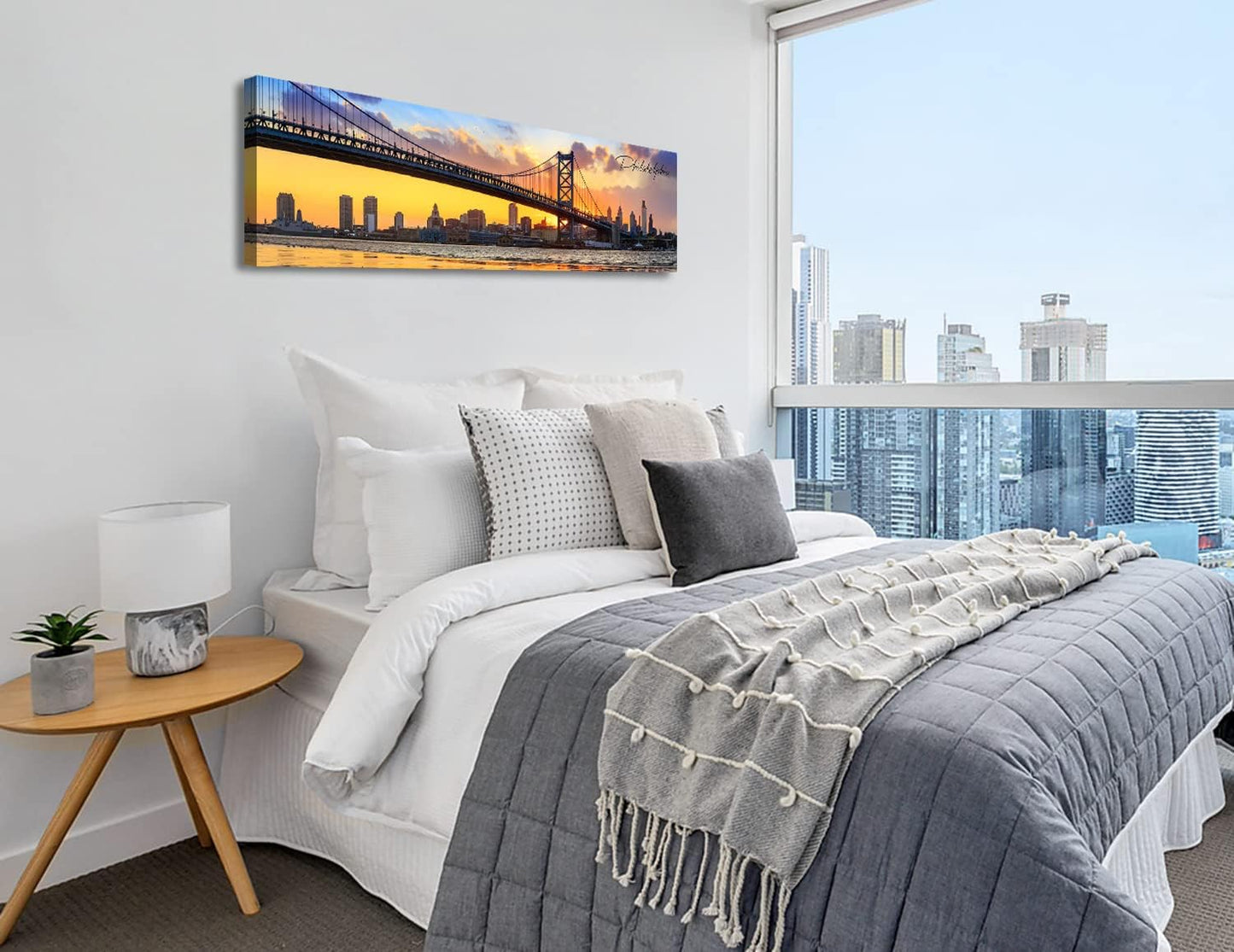 Philadelphia Skyline Wall Art Cityscape Living Room Decor Panorama Pictures City Building House Poster Canvas Print Bridge Sunset Scenery Office Bedroom Decorations Framed 13.8"x45.3"
