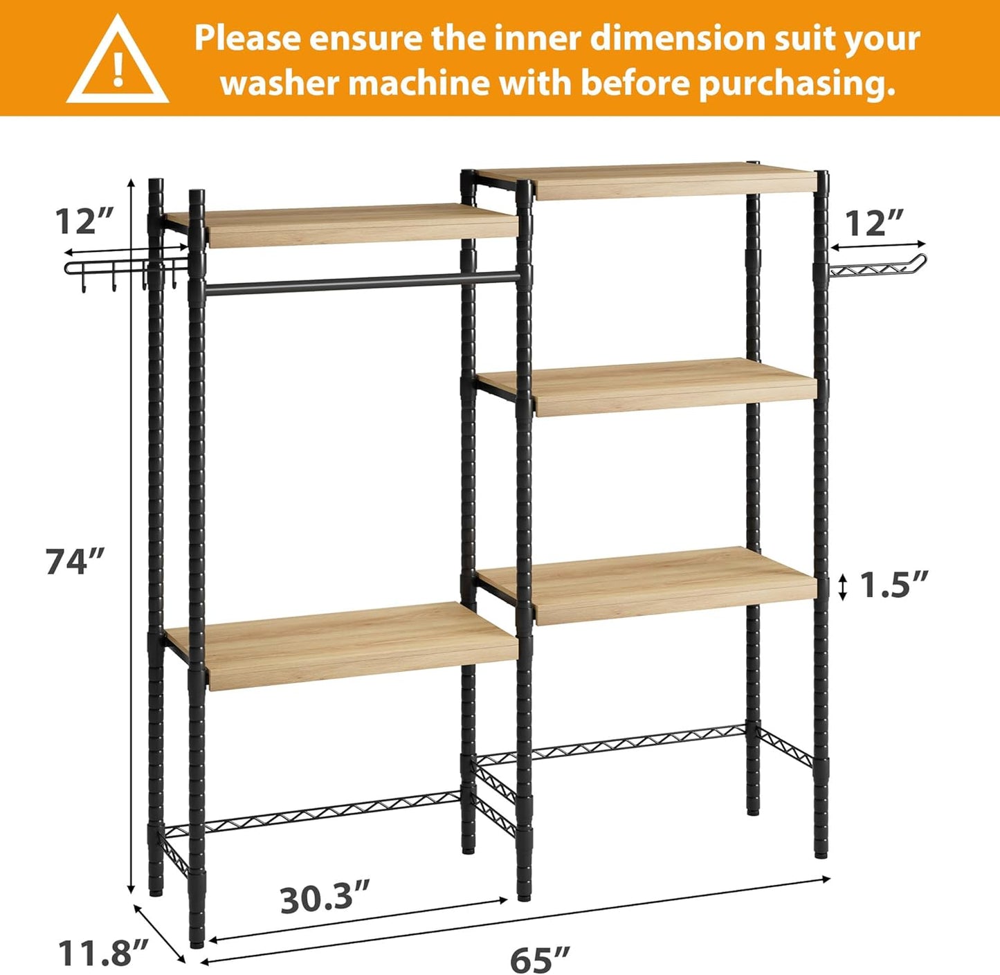CABIHOME 5-Tier Over-The-Washer Shelf - Adjustable Height Laundry Organizer Space Saver, Double-Layer 100lb Shelves, 2 Hooks for Bathroom/Balcony (Natural& Black)