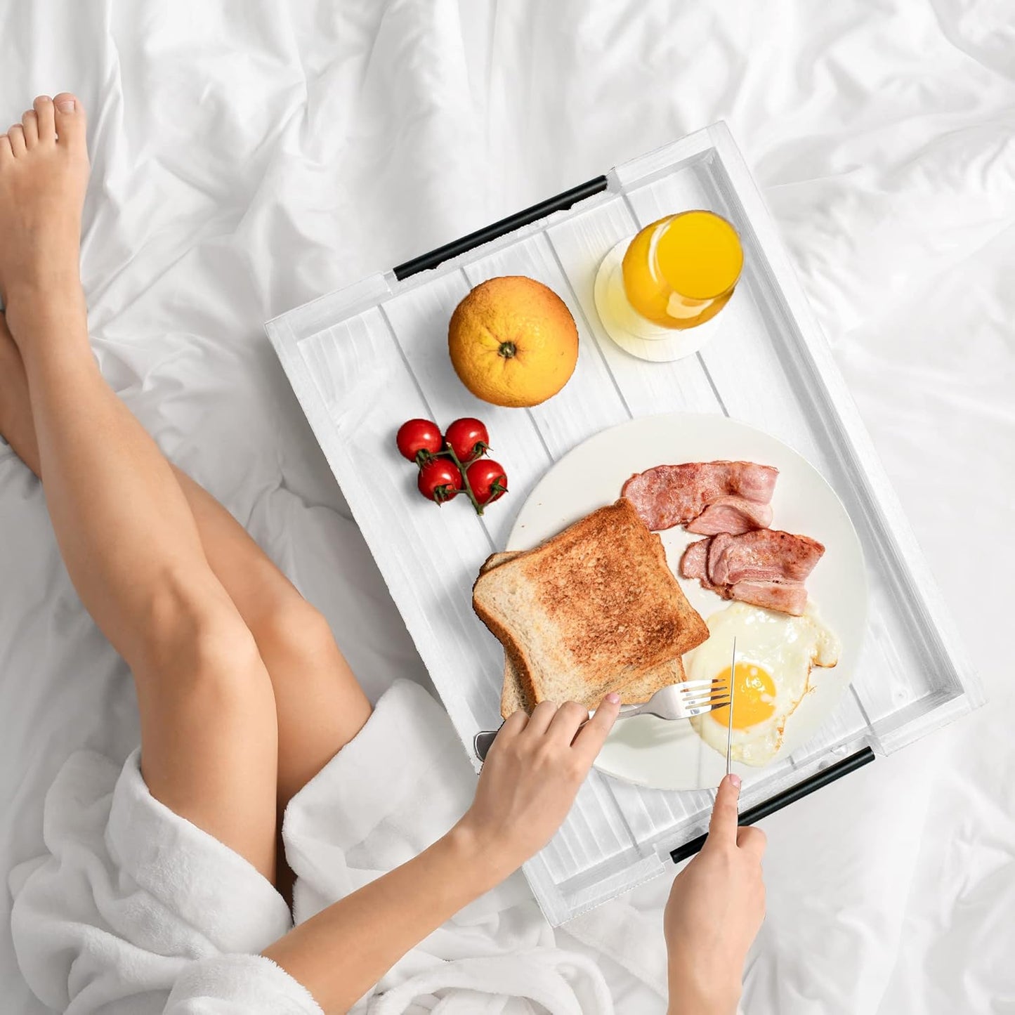 Ottoman Tray | Wooden Serving Tray with Handles & Coasters - 17x13 Inch, Rustic, White, Solid, Rectangular, Vintage, Lightweight