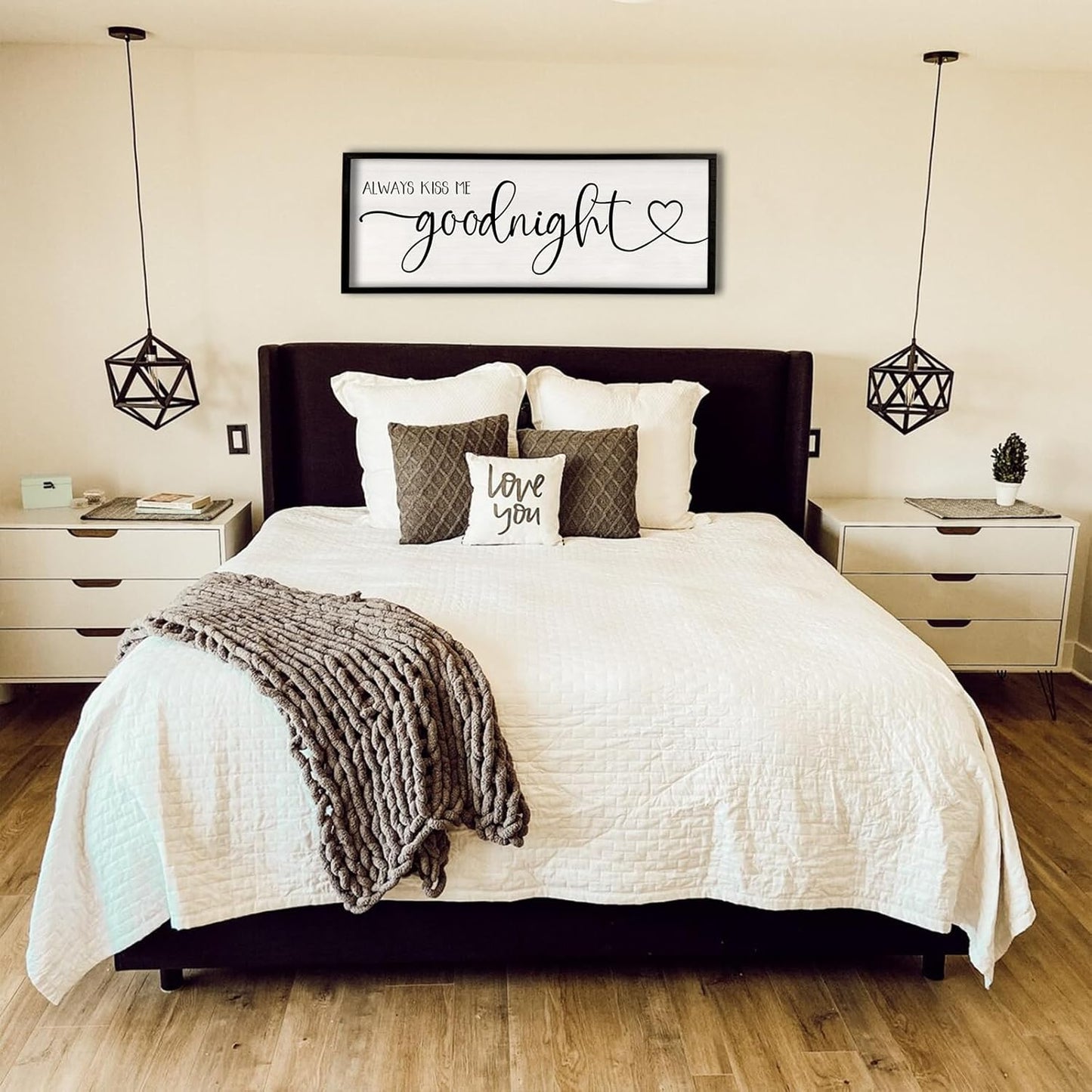 flowtorely Always Kiss Me Goodnight Wall Sign For Master Bedroom Above Bed Wall Decor 40''×15'' Large Rustic Solid Wood Frame For Farmhouse Couples Above bed Wall Art Decoration (Black)