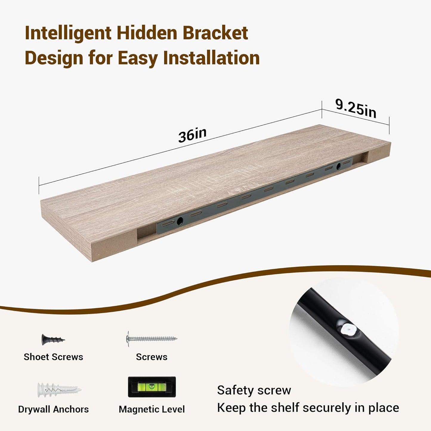 36 Inch Floating Shelves, 3D Textured Wood Grain, 36"x9.25"x1.5" Inch Deep Floating Shelves for Wall, Wooden Shelves for Bathroom, Bedroom, Living Room, Vintage White Oak