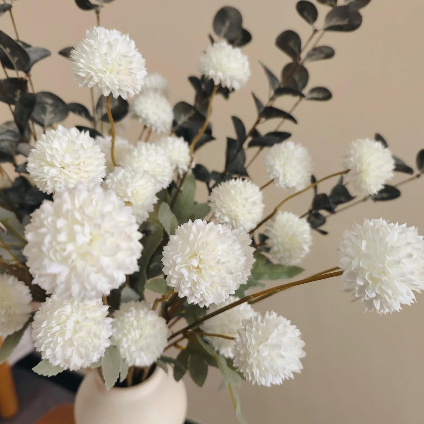 White Faux Flowers for Vase - Kiku 10 Stems & Eucalyptus, Fake Flowers Stems for Pottery Vase, Realistic Artificial Flowers, Pom Pom Balls for Aesthetic Room Decor, Floral Arrangements Centerpiece