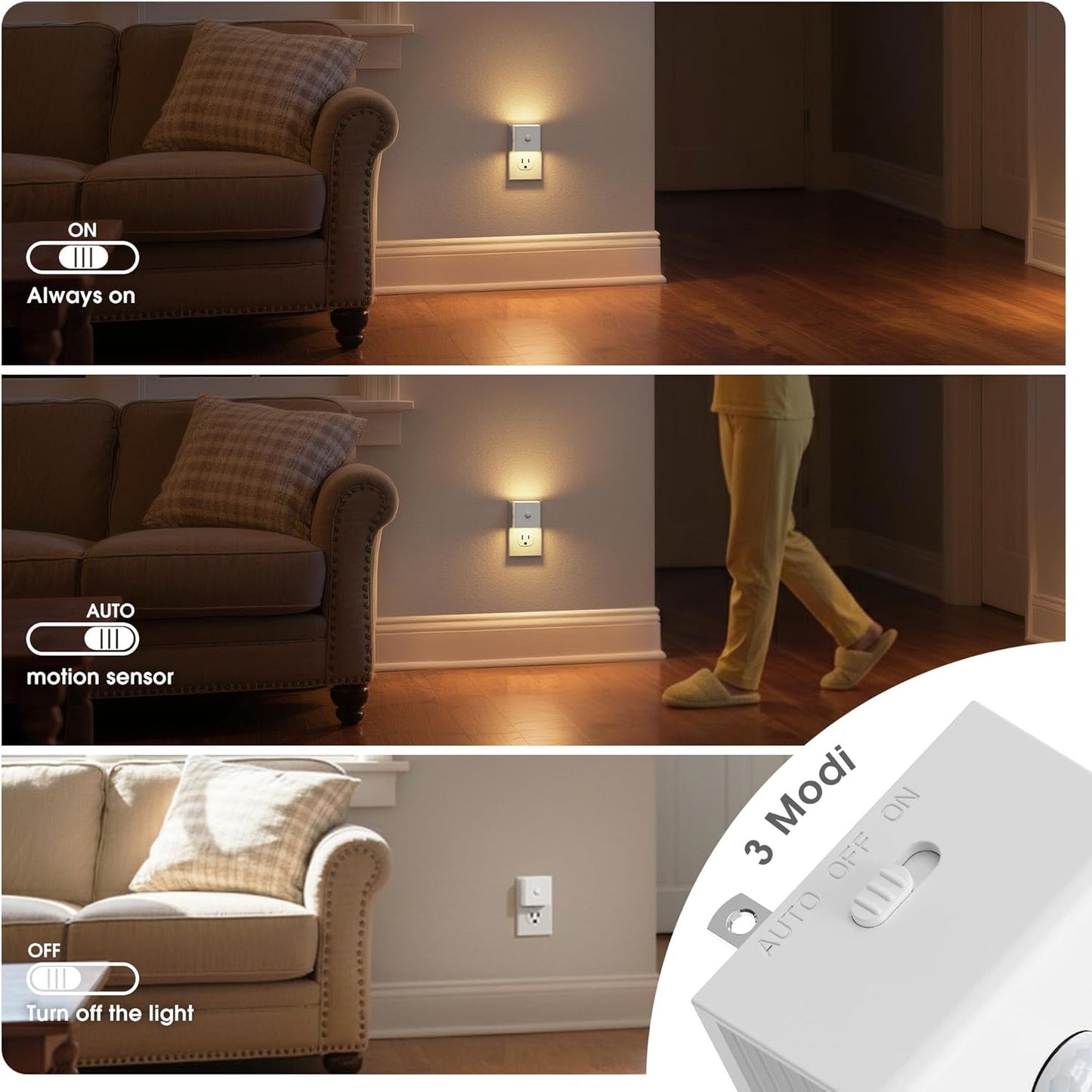 JandCase Motion Sensor Night Light, Night Lights Plug into Wall with Adjustable Brightness, Motion Activated Night Light, 3000K Warm White, for Kids Bathroom Hallway Kitchen Bedroom