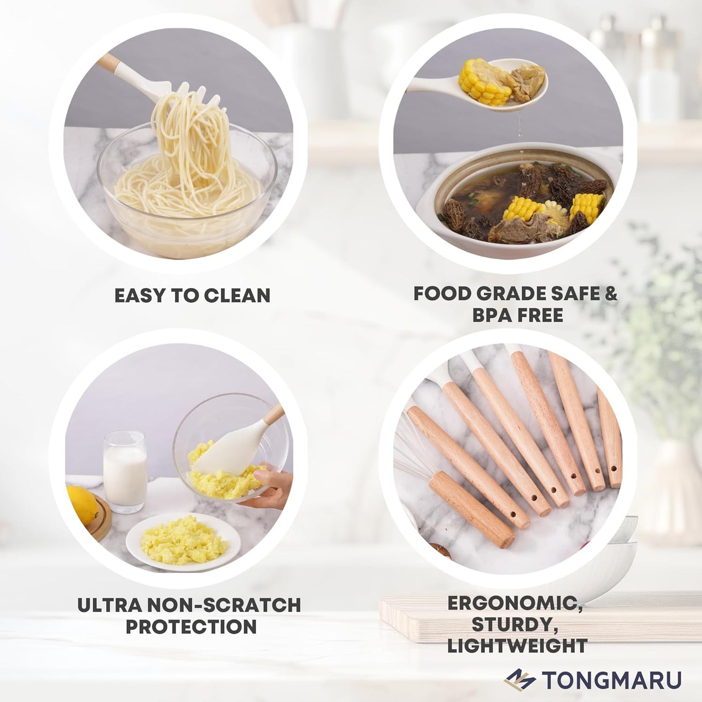 Silicone Cooking Utensils Set, Premium Beech Wood Handle Kitchen Gadgets Utensil Set, Non-Stick Kitchen Utensils Spatula, Tongs, Turner, Whisk, Brush, Spoon, BPA FREE, 446°F Resistant (White)