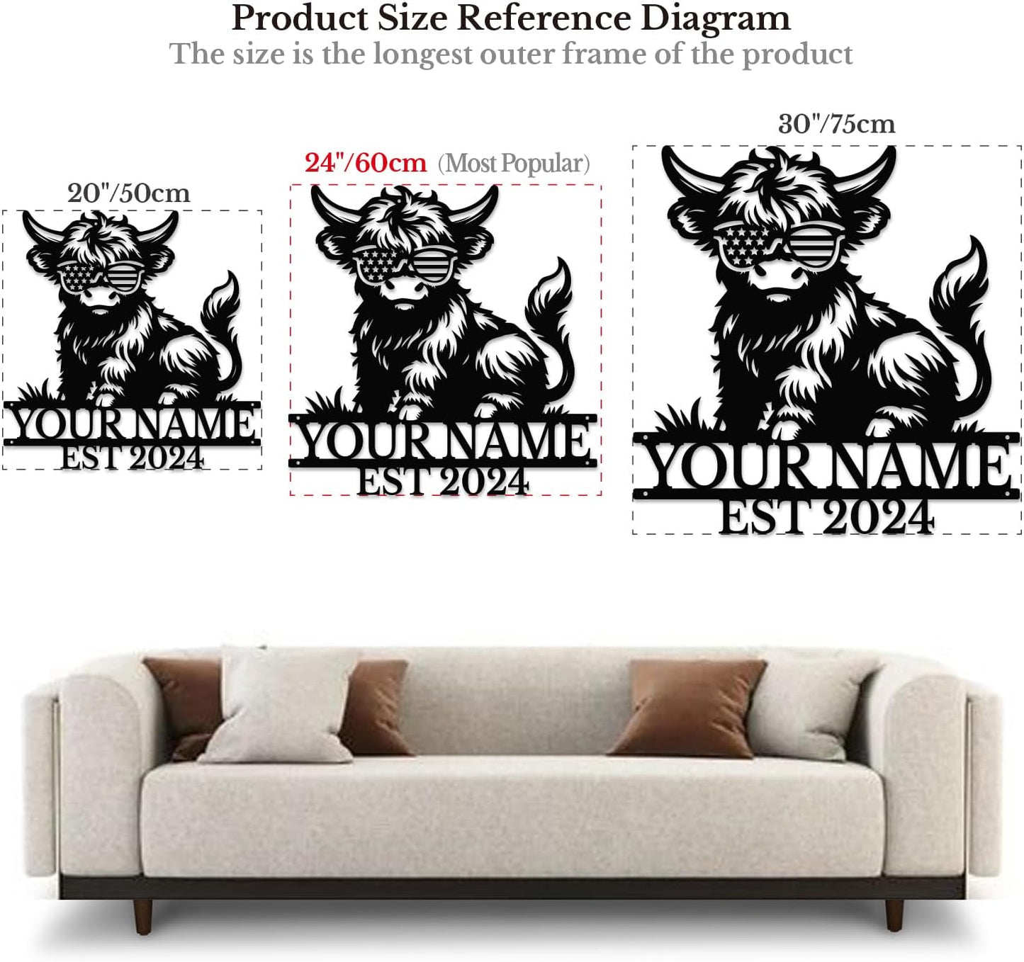 Personalized Highland Cow Name metal Signs,Custom Highland Cow Metal Shed Wall Decor,Black Metal Wall Art Plaques Outdoor wall Decorative Signage (Style C)