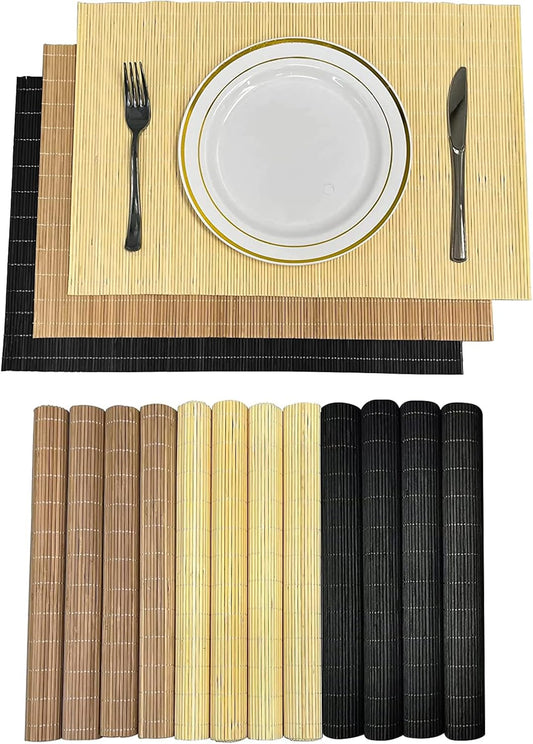 ANDSTAR Set of 12 Pcs Bamboo Placemats - Natural & Brown & Black, Anti-Slip, Heat-Resistant, Washable Table Mats for Dining and Kitchen