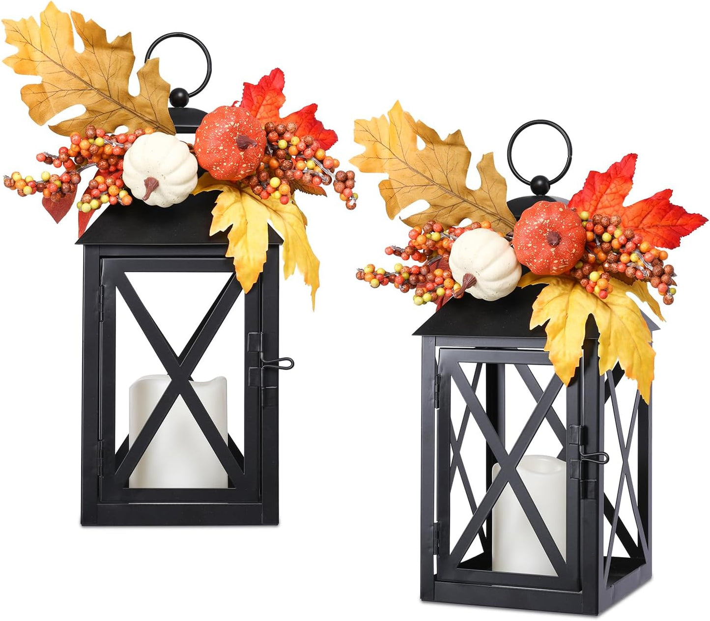 Fall Decor Lantern for Home, Large Decorative Lanterns Outdoor Waterproof 12" Battery Powered Decorative Lanterns Metal Hanging LED Candle Holder, Flameless Candle Lantern for Indoor 2 Packs