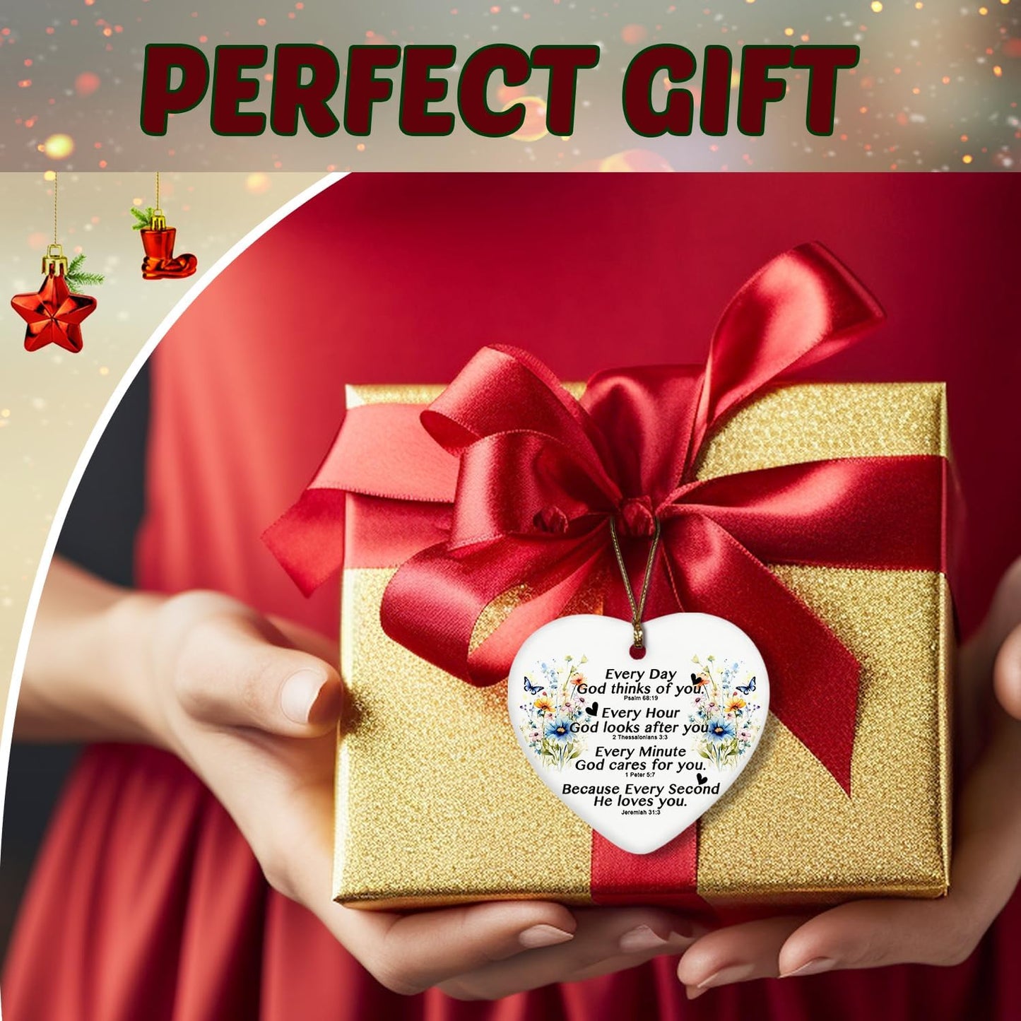 Inspirational Christian Gifts for Women Girls, Bible Verses Floral Ceramic Christmas Ornament Keepsake Sign Heart Plaque, Religious Gifts