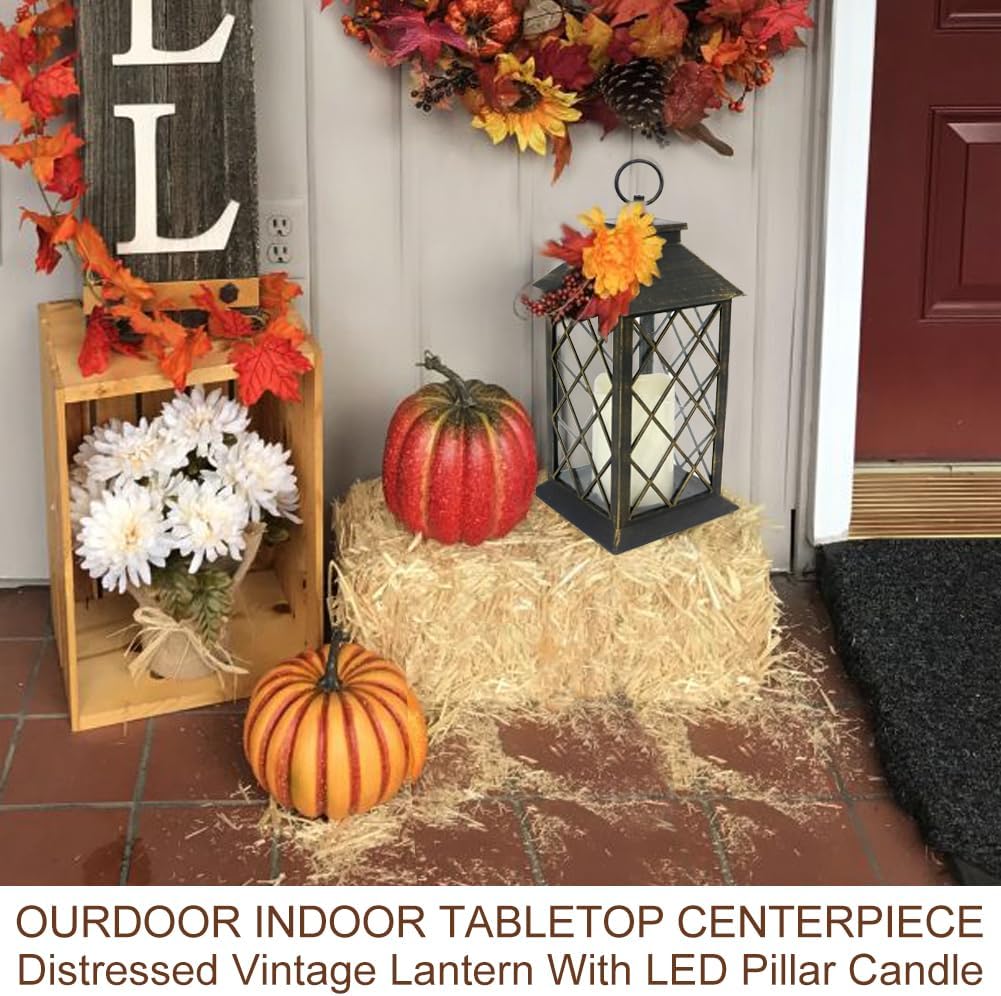 Bright Zeal 2-Pack 13.5" Vintage Candle Lantern with LED Candle (Distressed Gold, 6hr Timer) - IP44 Waterproof Outdoor Hanging Lanterns Battery Powered - Tabletop Lantern Decorative Home Lanterns