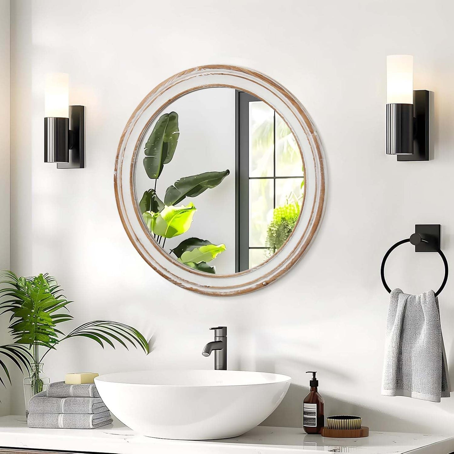 Round Bathroom Mirror for Vanity-Distressed Wood Circle Mirror, Farmhouse Entryway Mirror and Decorative Wall Mirrors for Living Room