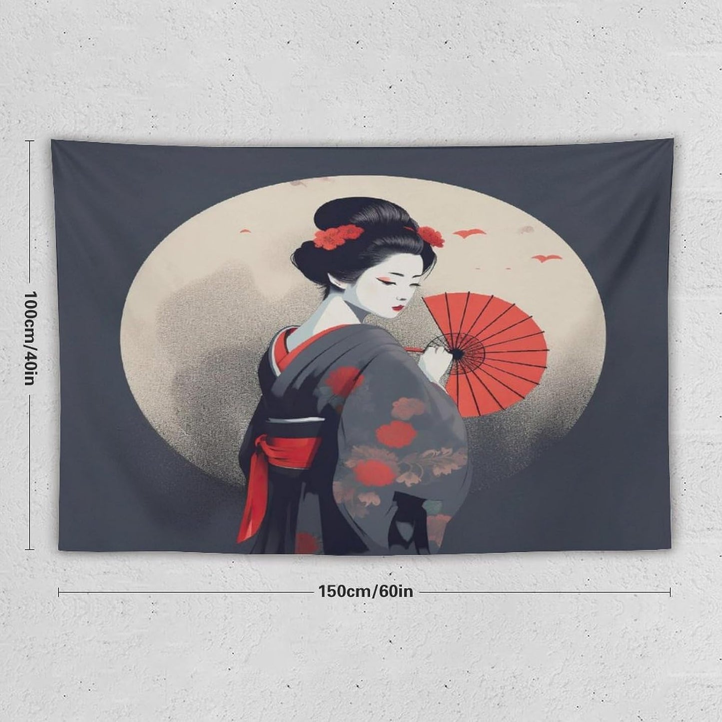 Japanese Woman Geisha Tapestry Asian Red Cherry Blossom Red Sun Traditional Kimono Folk Tapestries Home Decor for Living Room Bedroom Apartment Farmhouse Dorm 60"x40"